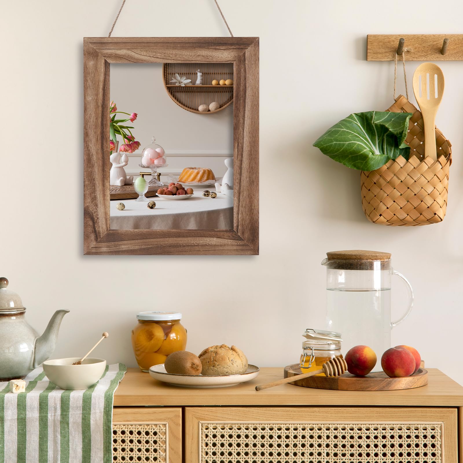 Muzilife Espejo de pared de madera maciza de 40 x 50 cm, espejo rectangular con marco de madera para dormitorio, baño, salón, pasillo, con cuerda de lino, color marrón