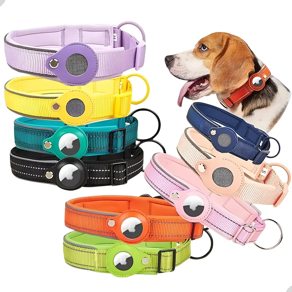Coleira acolchoada refletiva para cães com suporte para AirTag - Coleira de animal de estimação acessório ajustável para cães pequenos, médios e grandes (Preta, G)