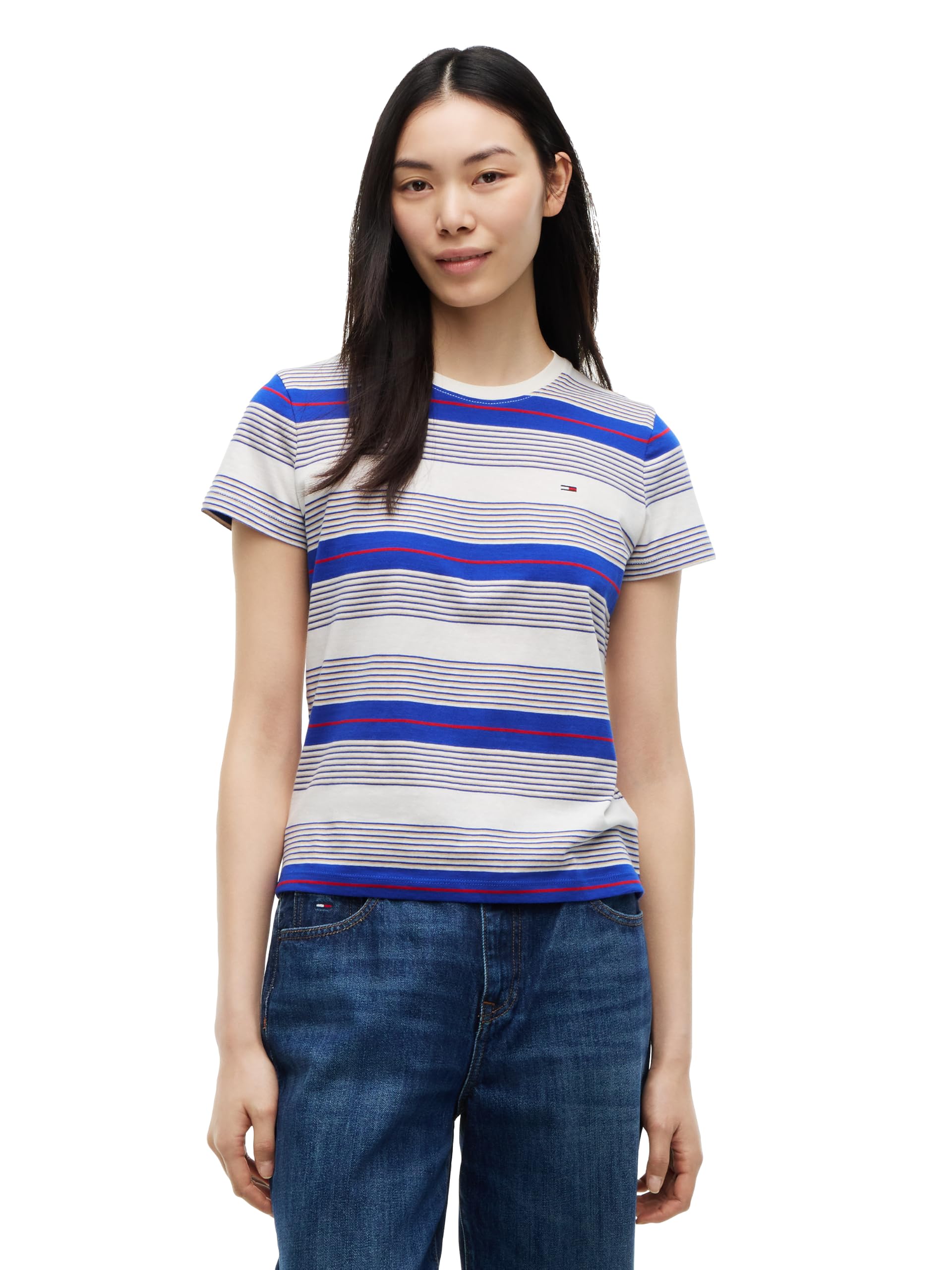 Women's Short Sleeve Striped Cotton Jersey Graphic Crewneck T-Shirts