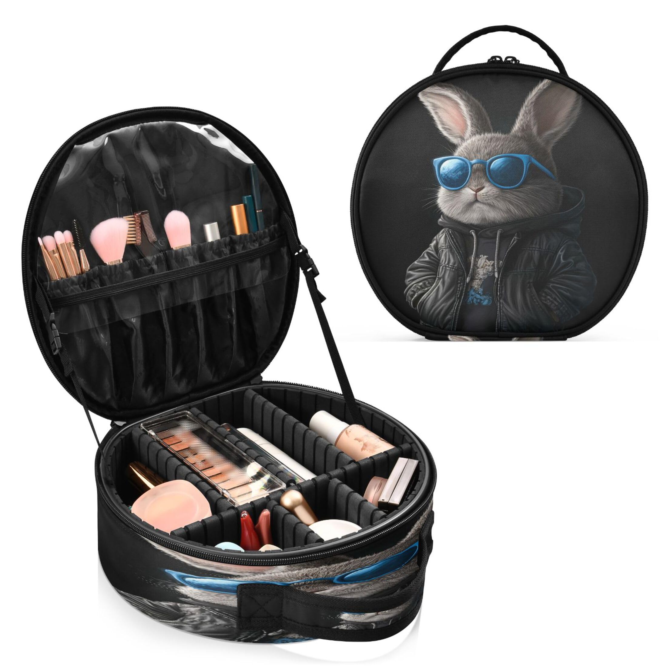 Takiito Cool Bunny Travel Makeup Case Portable Makeup Box Artist Cosmetic Case Organizer With Adjustable Dividers