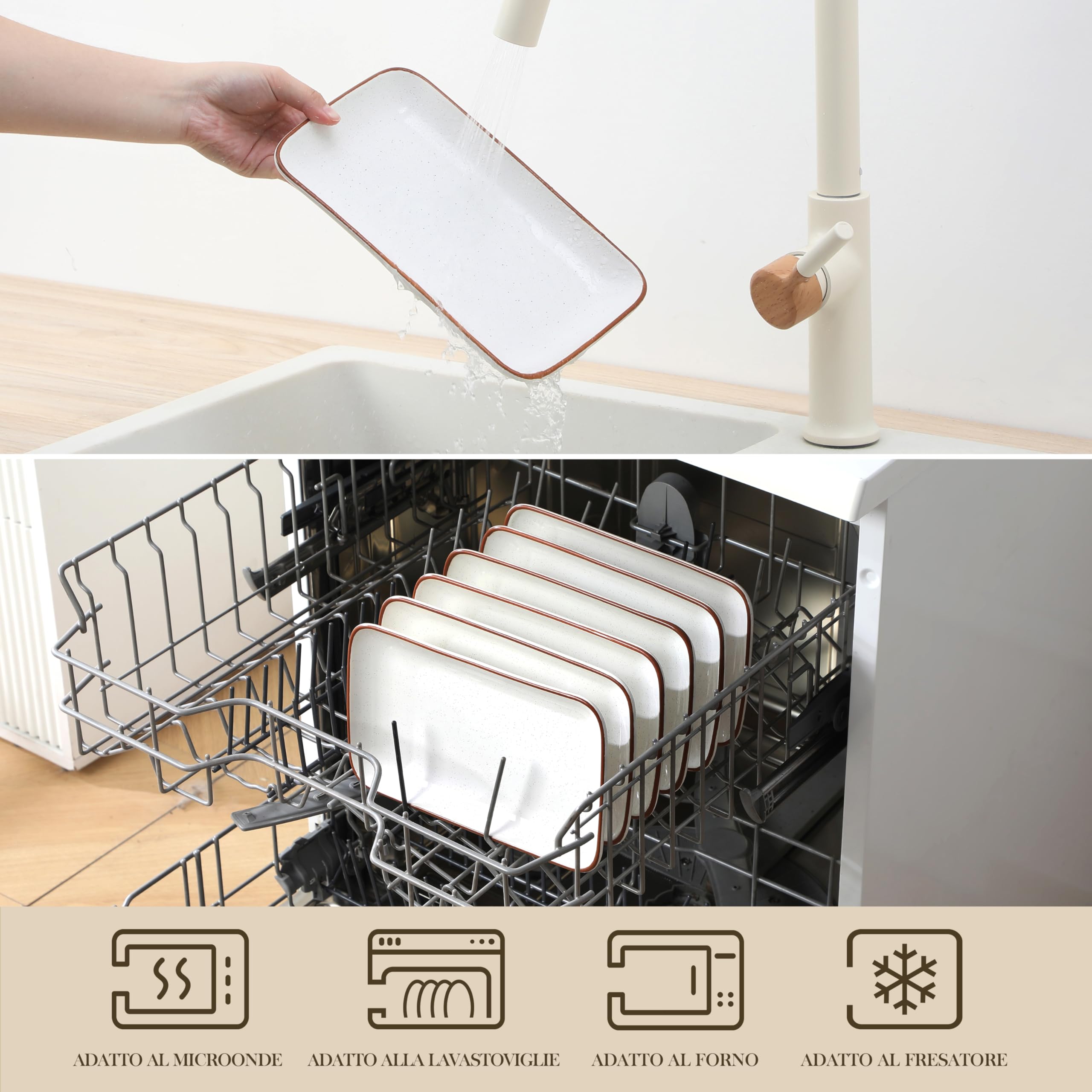 MALACASA Set di 6 piatti da portata rettangolari in porcellana da 24,1 cm, piatti da sushi, piatti per servire alimenti, dessert, lavastoviglie e microonde, serie Tara