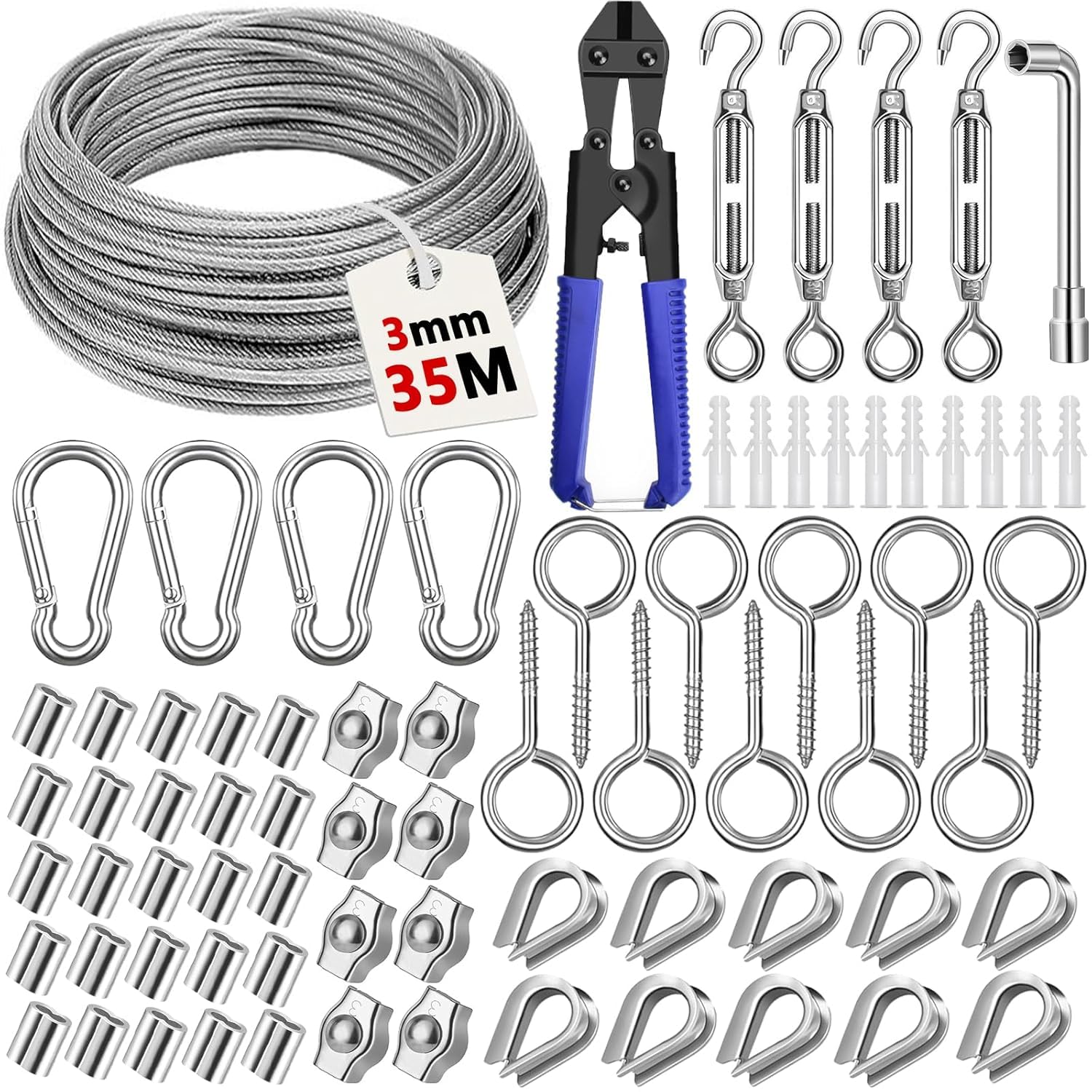 3mm Corde en Acier Inoxydable 35M,Kit de Cable Acier Suspendre,304 Câble en Acier Inoxydable Kit avec Tendeur Crochet,Tendeur Cable pour Plantes Grimpante,Corde a Linge,Lumières Suspendues