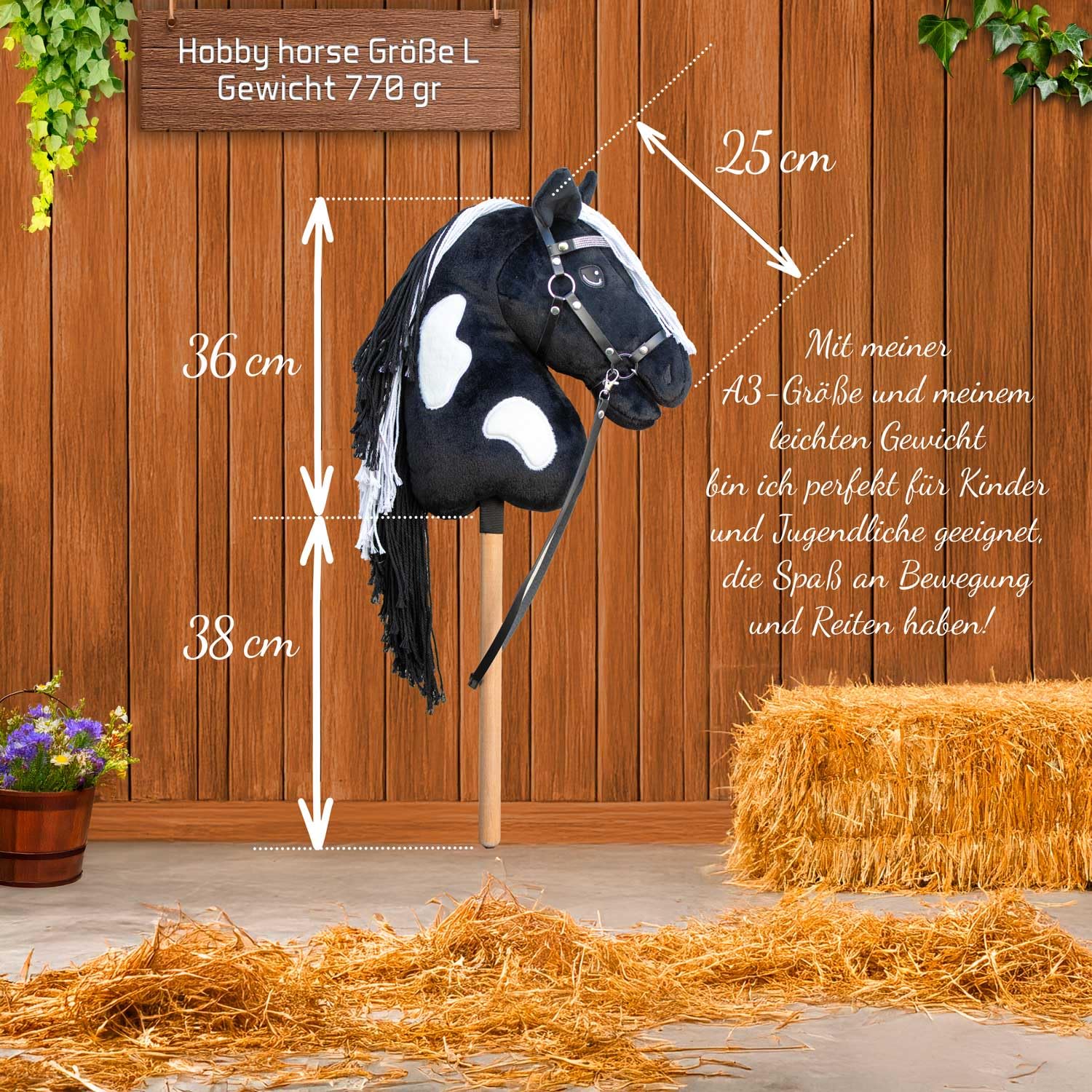 Hobby Horse Land A3 Pie Noir Black Diamond z błyszczącą siatką - czarno-biały koń na kiju z flotem dla dzieci i młodzieży