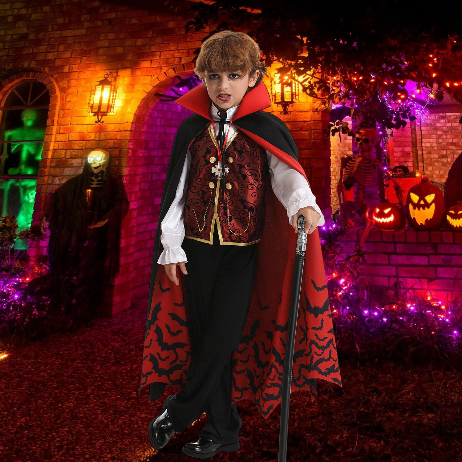 Disfraz de vampiro para niños, disfraz gótico de Halloween con accesorios de lujo, bastón que brilla en la oscuridad, dientes CA002XS
