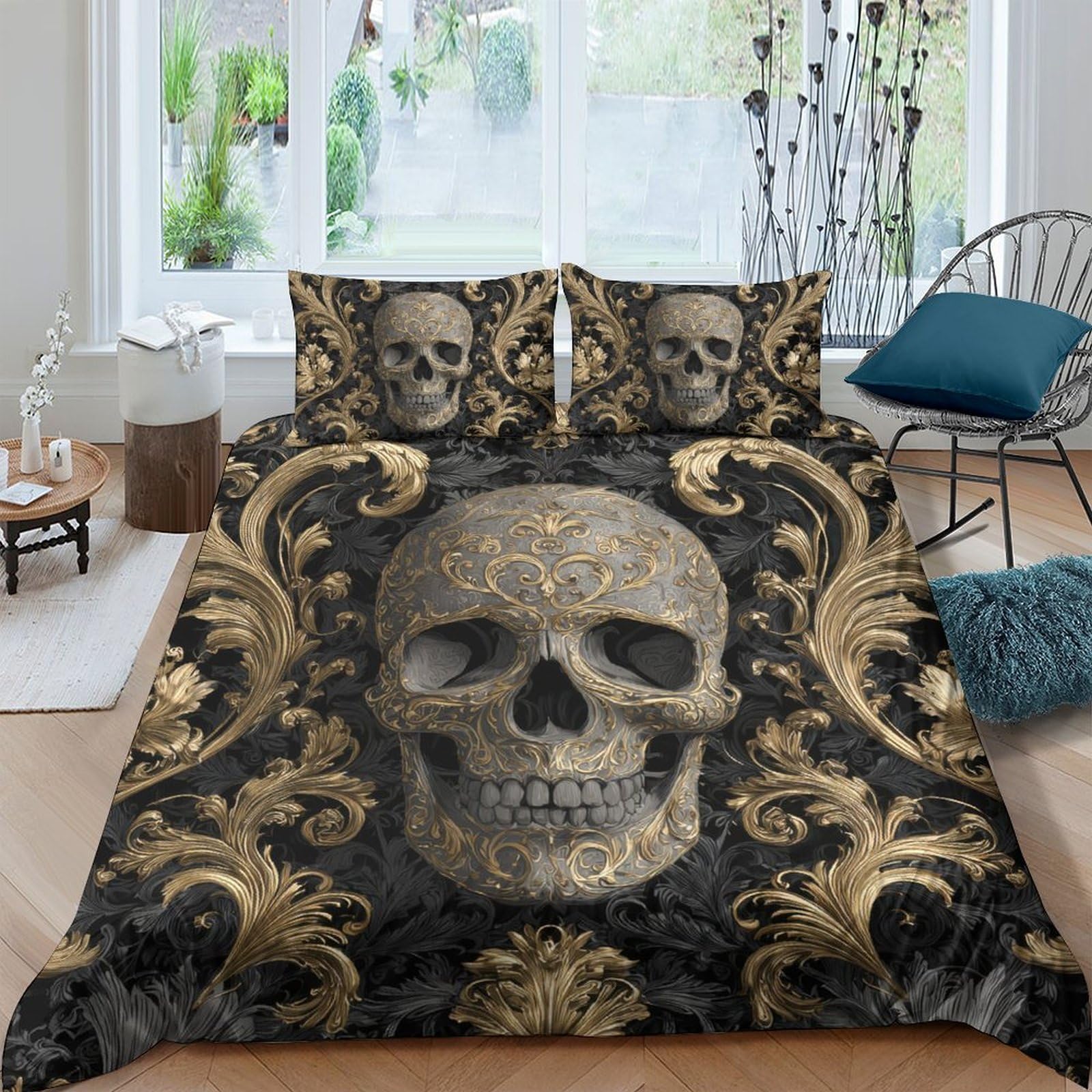 Ctjqhvkz Style-3 3D Printed Baroque Skull Fitted Sheet Microfiber Soft Black Gold Gothic Mattress Cover For Bedroom Guest Room Decor Single（135X200cm）