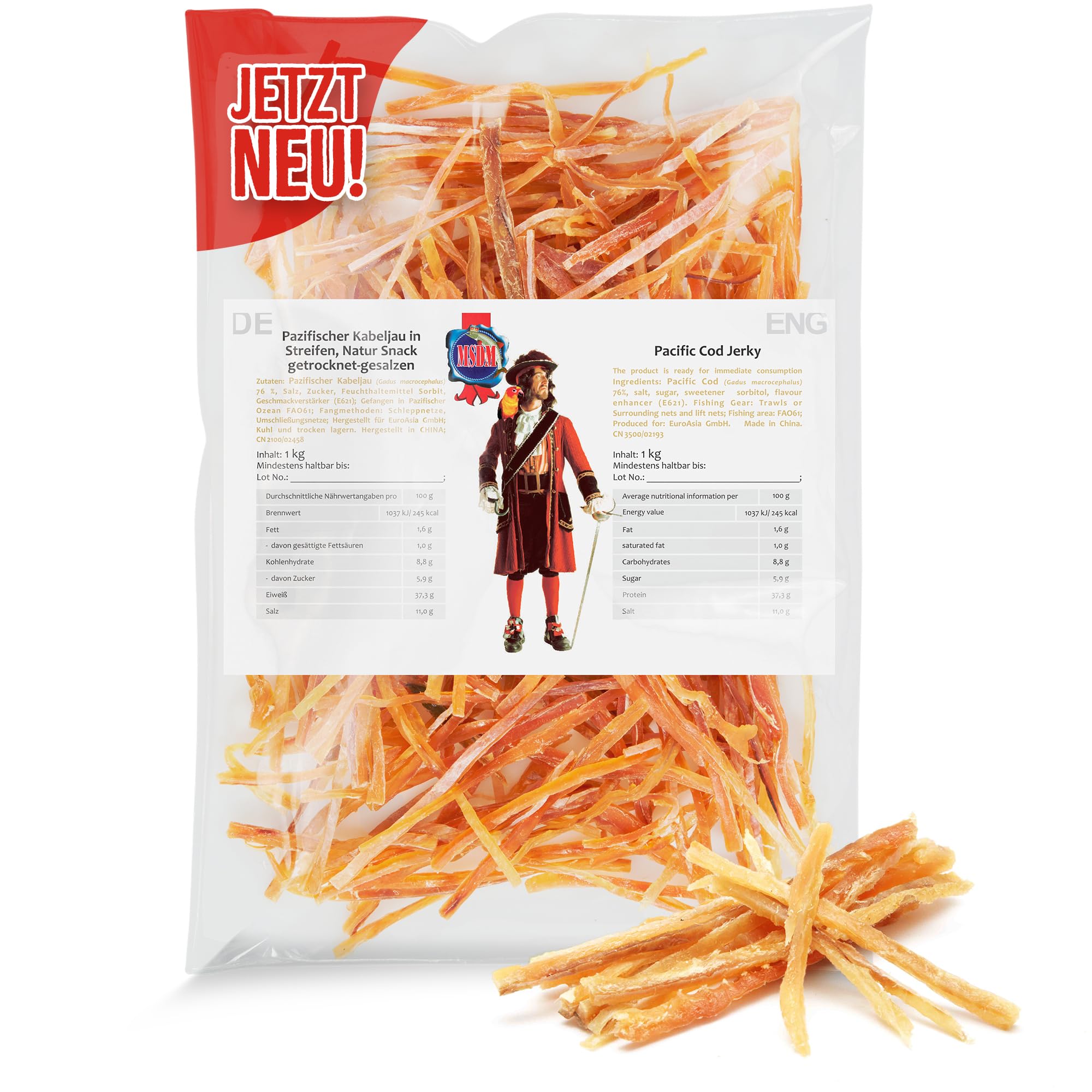 Pazifischer Kabeljau - Original (1kg XXL Pack) - natürlicher Snack getrocknet & gesalzen I Fitness Snack I Trockenfisch Omega 3 I Knabberspaß Beef Jerky Trockenfleisch Alternative