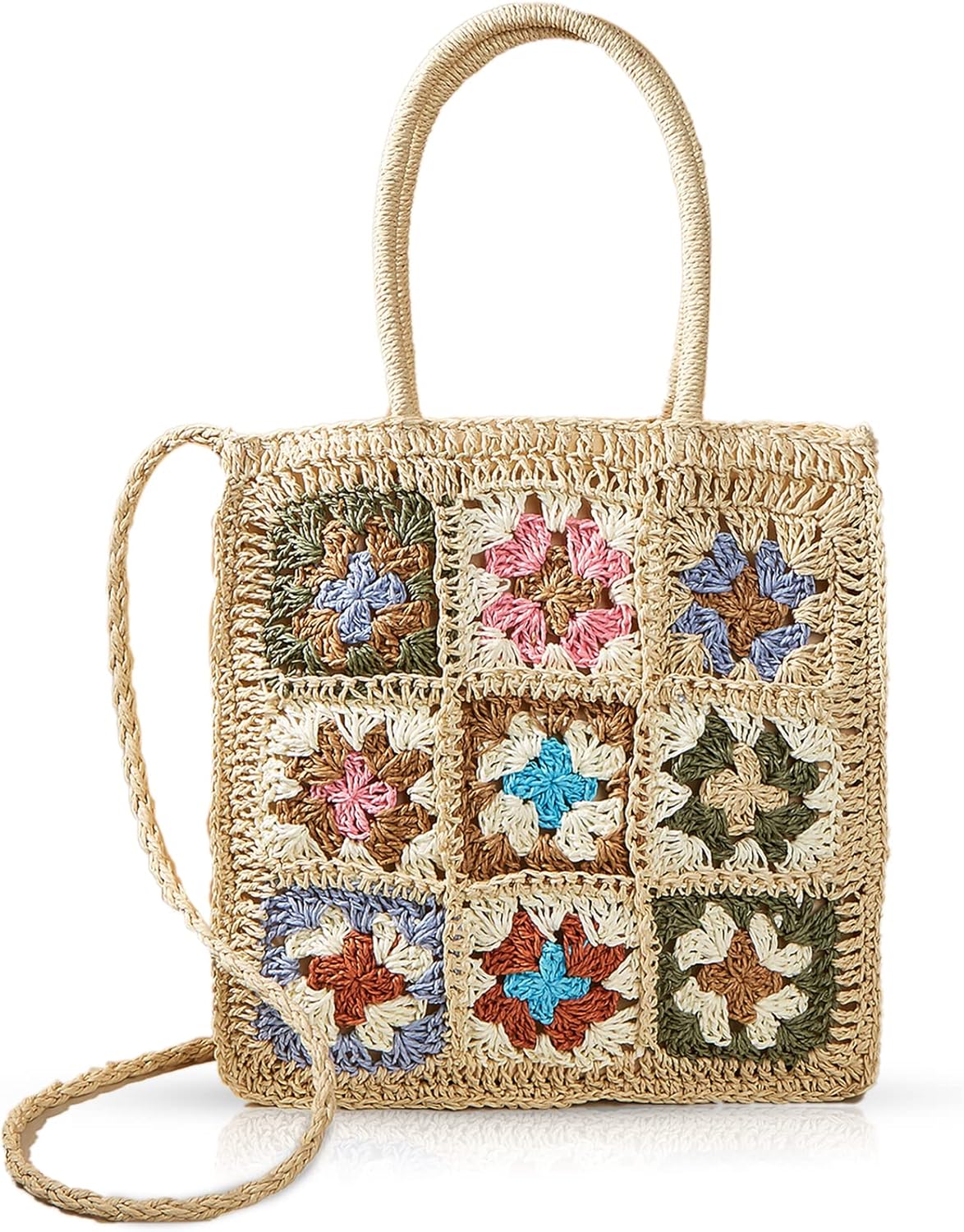 Straw Bag, Summer Beach Bag, Hand-Woven Women Hand Bag, Jiugongge Flower Style Retro Rattan Bag Shoulder Bag Crossbody Bag(Beige)