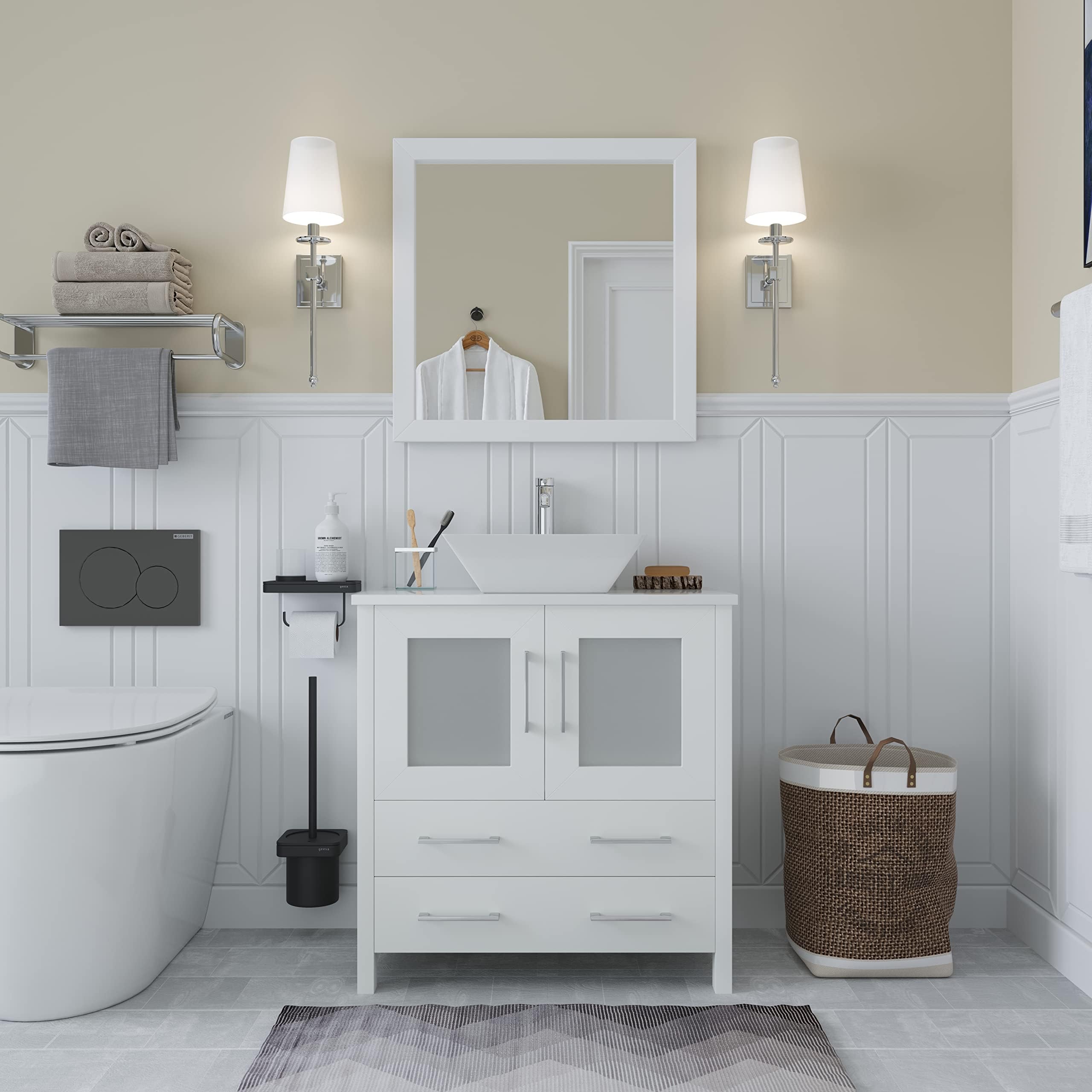 Vanity Art 30 Inch Vessel Single Sink Bathroom Vanity Cabinet with 1 Mirror, Engineered Marble Top Bathroom Cabinet Compact Set with 2 Dovetail Drawers and Soft Closing Doors, VA3130-W