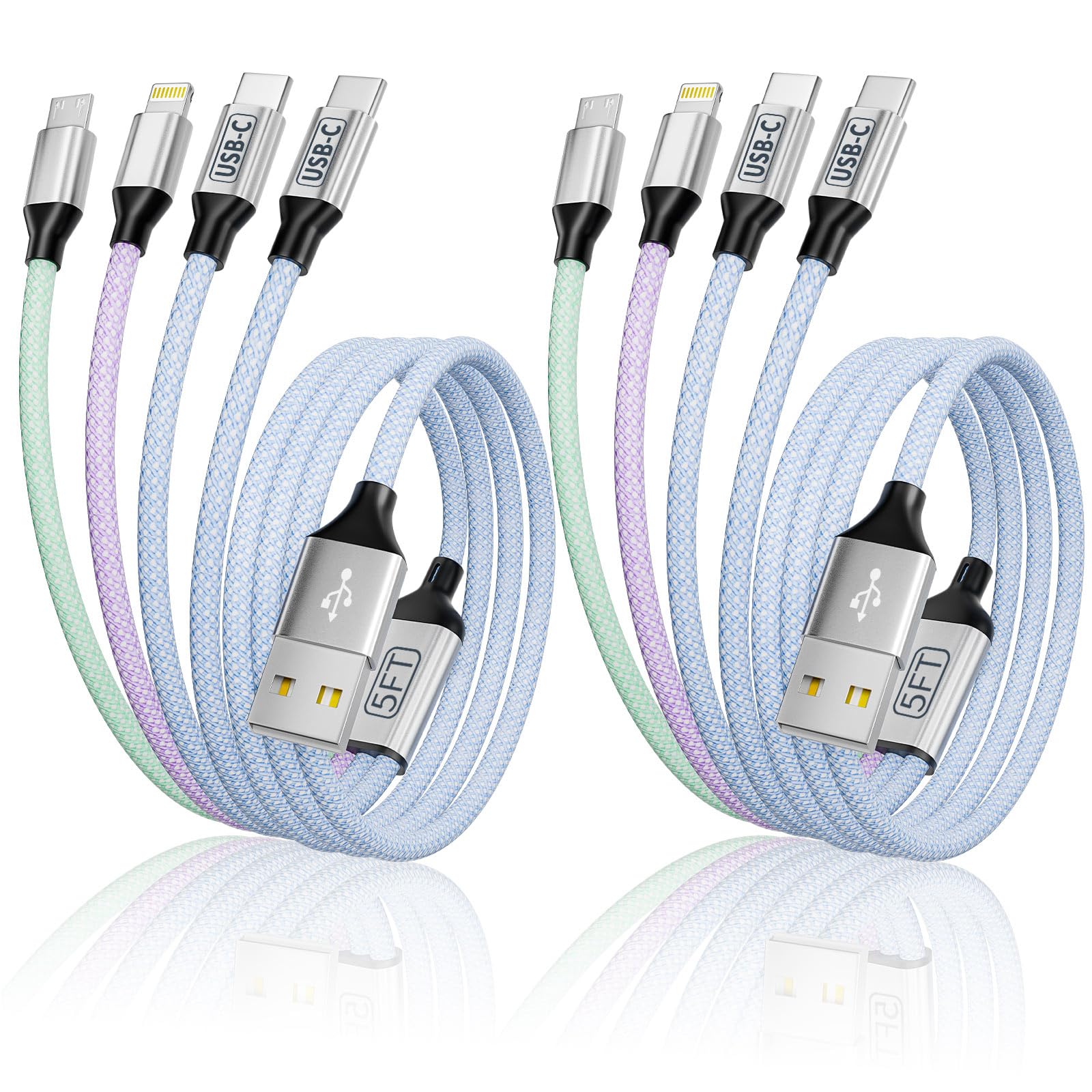 Cable de carga múltiple de dos puertos tipo C, cable USB 4 en 1, cargador de viaje para múltiples dispositivos con dos puertos tipo C/Micro/IP, [2 unidades/5 pies] esencial para todos los iPhone