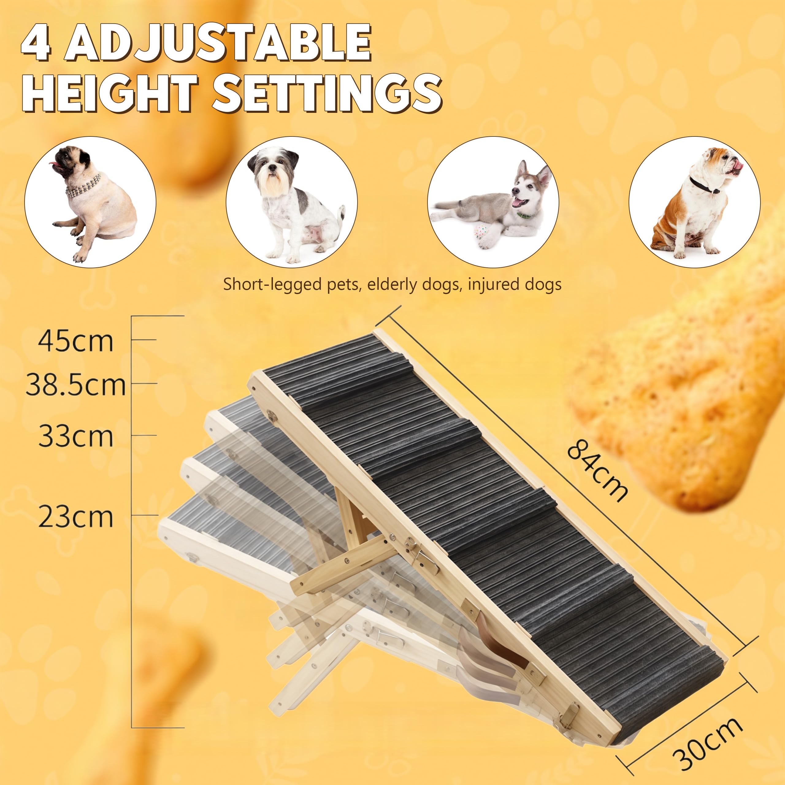 Hunderampe aus Holz, Hundetreppe 4 Stufen Verstellbar 23cm bis 46cm, verstellbare Rampe Hund für Sofa Auto Bett, Hunderampen Auto Klappbar für Mittelgroße Hunde, Kleine, bis 60 kg