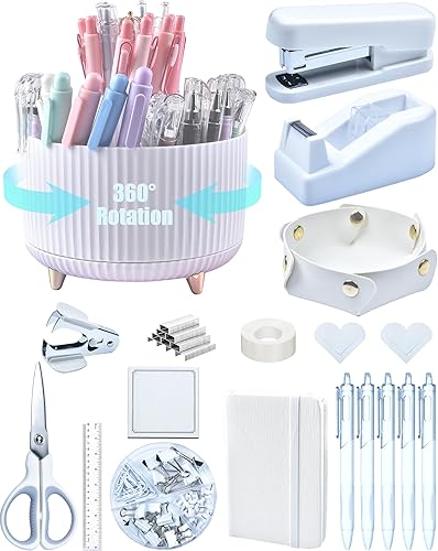 Miniatura 10 de Accesorios de escritorio rosa, 20 piezas de suministros de oficina y soporte para bolígrafos de 360°, con dispensador de cinta, grapadora, removedor