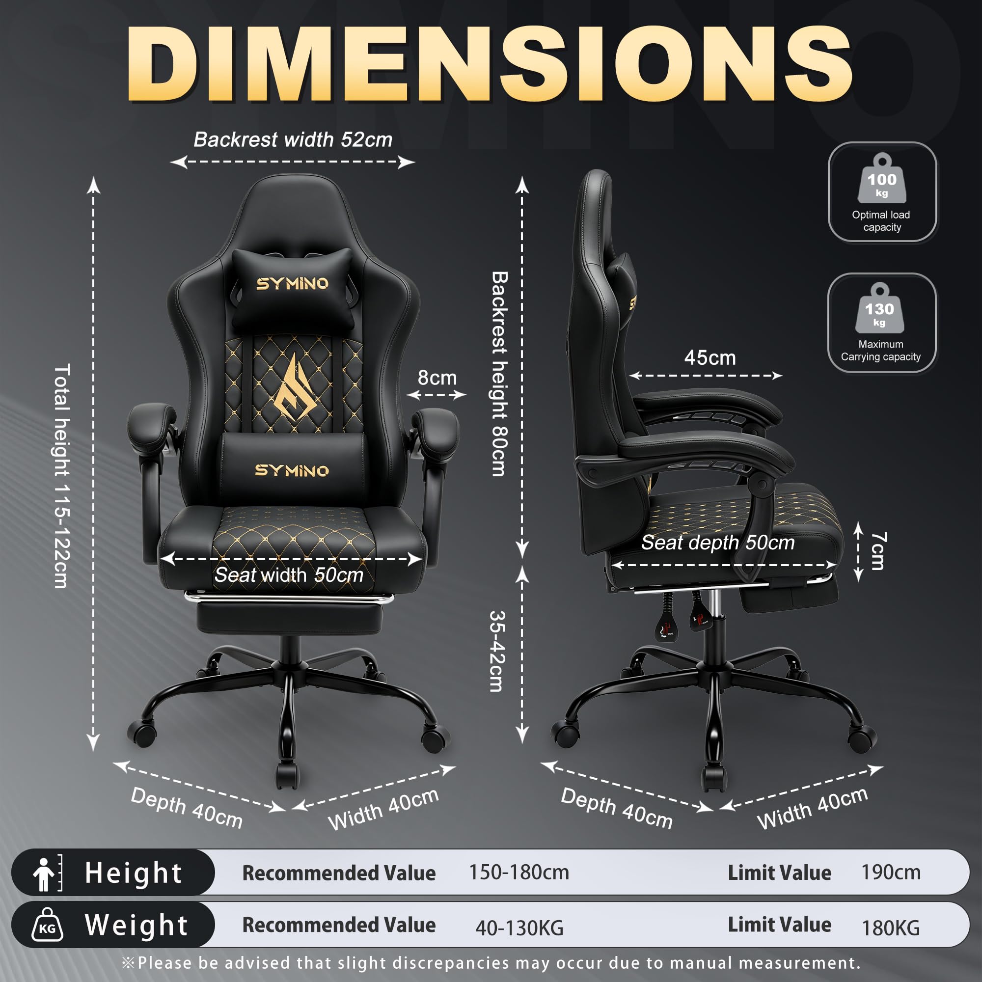 Symino Chaise de Gamer Ergonomique, Chaise Gaming avec Soutien Lombaire Repose-Pieds, Fauteuil de Bureau réglable et pivotant capacité de Charge 150 kg, Cuir PU Noir