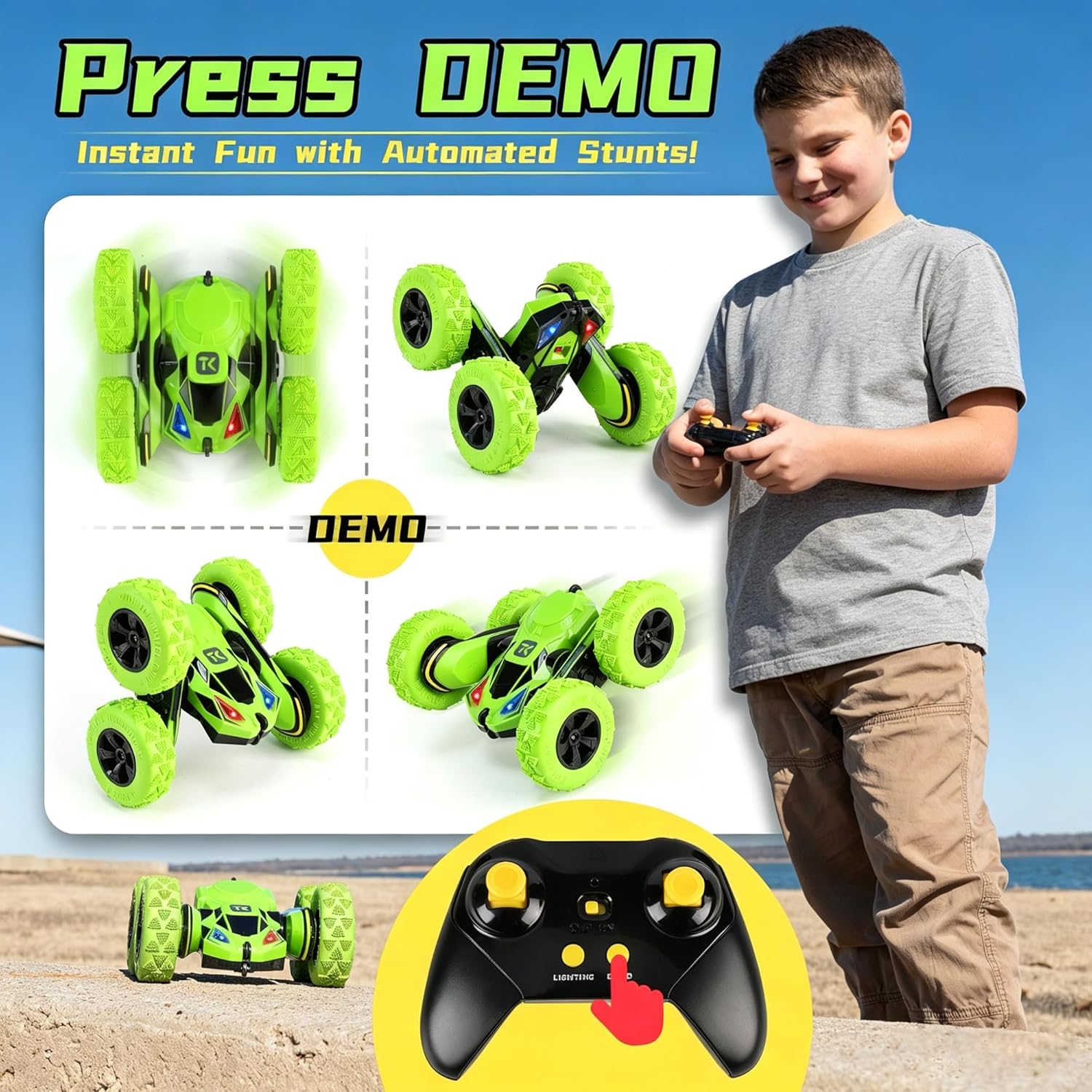 Threeking Remote Control Car 4WD 360° Flip Stunt Double Sided Driving Durable RC Cars with Breathing Soft Lights, Green, Unique Toys Gifts for Boys Girls Ages 6-12