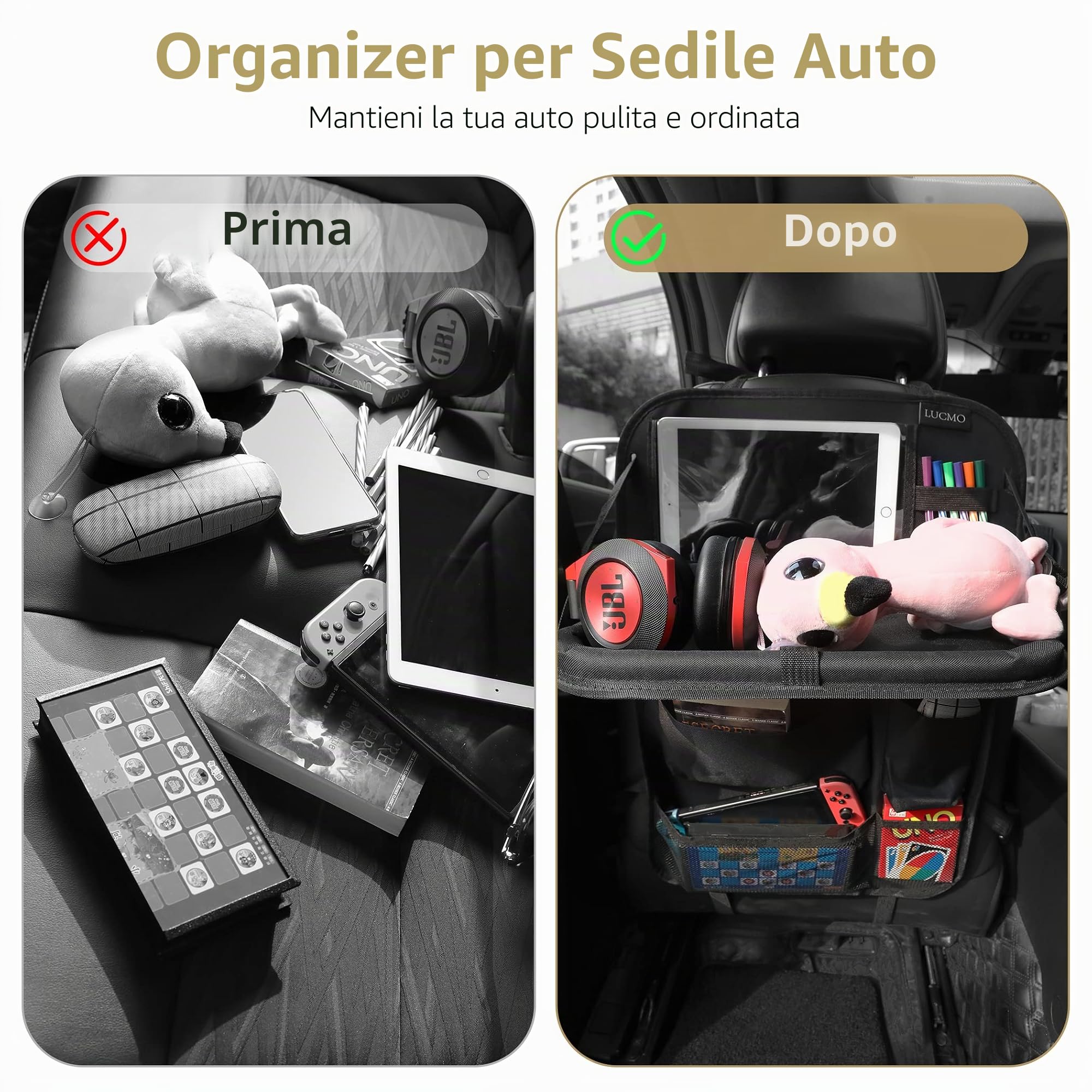LUCMO Organizer per sedile posteriore con supporto per tablet, 6 tasche portaoggetti portaoggetti per auto con vassoio pieghevole per alimenti, protezioni per sedili auto, accessori da viaggio