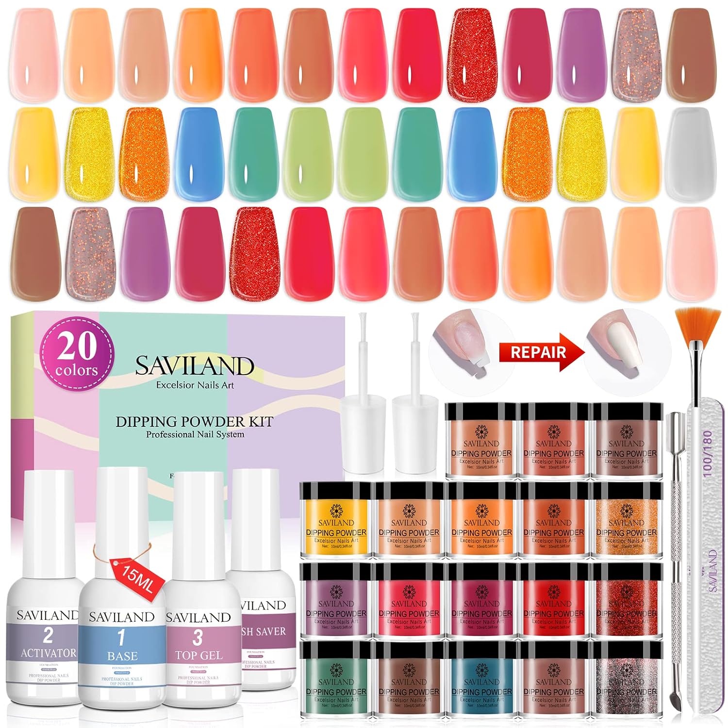 SAVILAND Dip Powder Nail Kit -20 Colors Dipping Powder Nail Kit with 4*15ml Dip Liquid Set Base&Top Coat Activator Brush Saver Manicure Tool for French Nail Art Salon DIY Valentine's Day Gifts