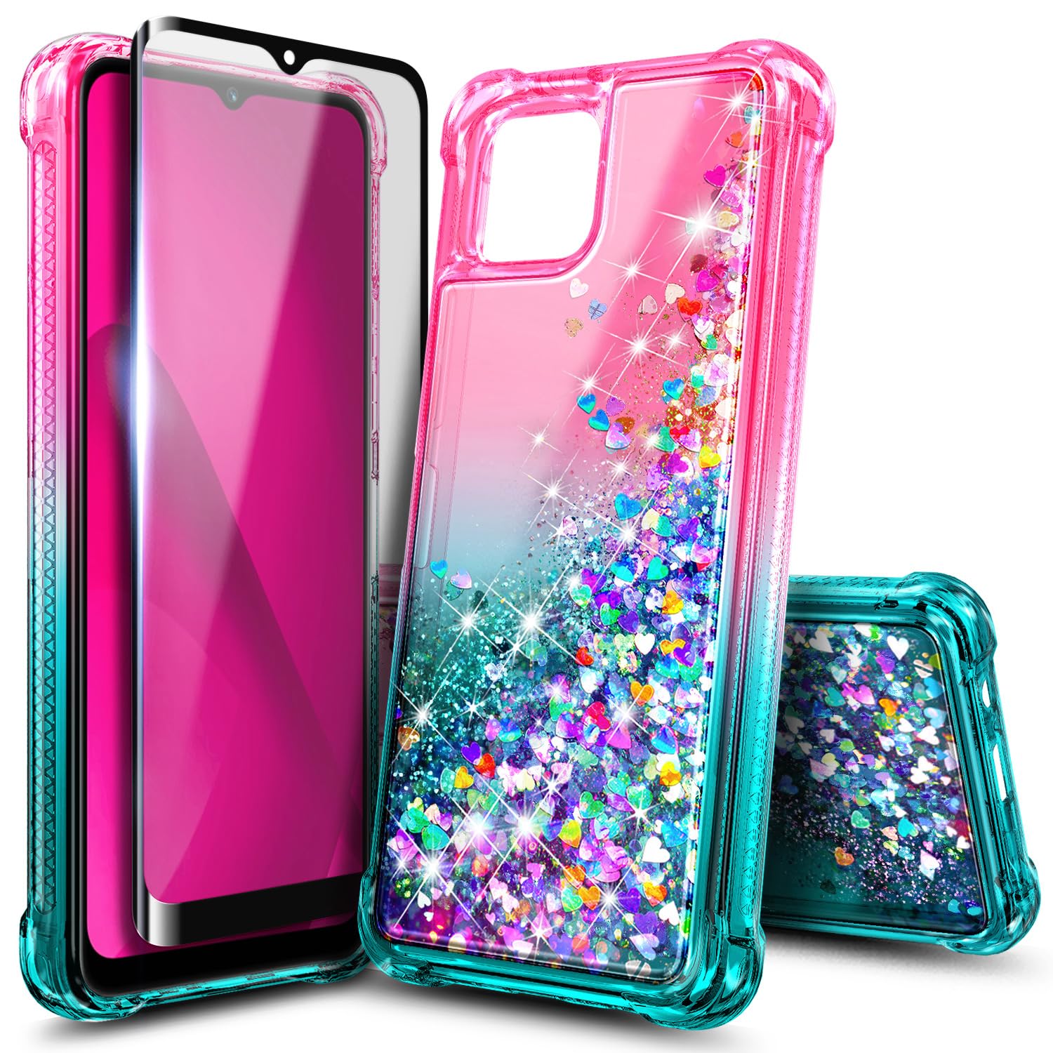 NZND Designed for T-Mobile REVVL 7 5G Case, Glitter Floating Liquid Waterfall Women Girls Kids Cute Case with Tempered Glass Screen Protector (Pink/