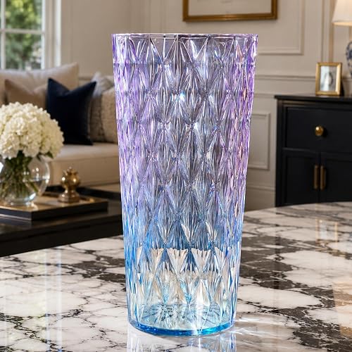 Gradient Plastic Flower Vase, Unbreakable Acrylic Cylinde Vases | Diamond Textured, Pattern Modern Cylinde Vase, Table Centerpiece, Durable Lightweight Modern Home Accent (Purple Blue Ombre)