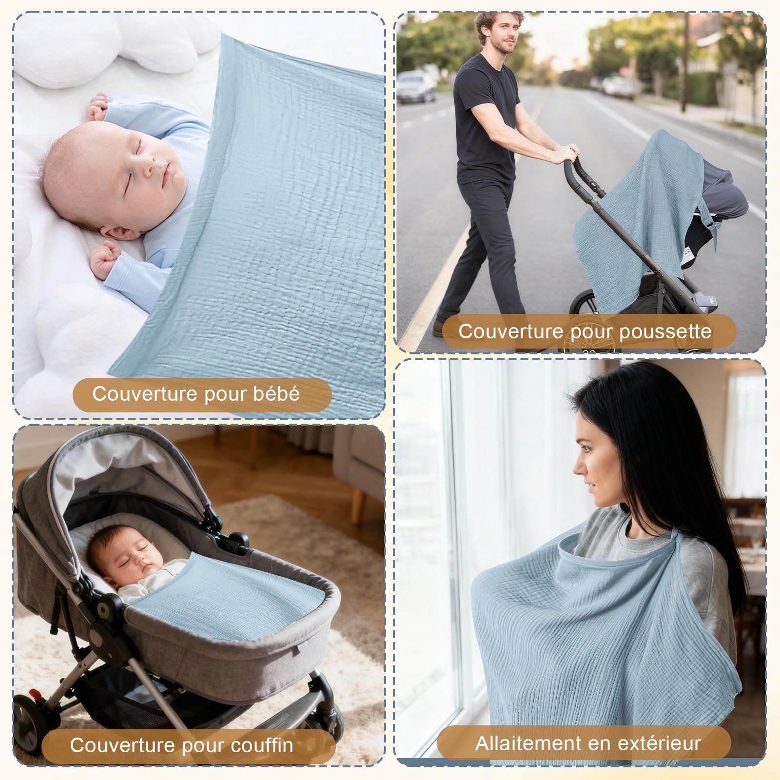 Solivive Tablier Allaitement Bébé, Couverture Respirante en Coton Doux (71x95 cm), Écharpe Ajustable pour Mamans, 4 Couches de Bavoirs Mousseline + 2 Couches Coton Doux (bleu clair)