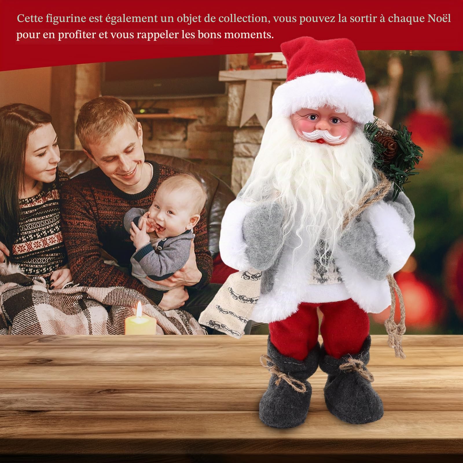 Gfilay Père Noël animé avec Musique et Bras Mobiles | Figurine de Père Noël musical tenant un livre et un sac de cadeaux, décoration de Noël pour intérieur