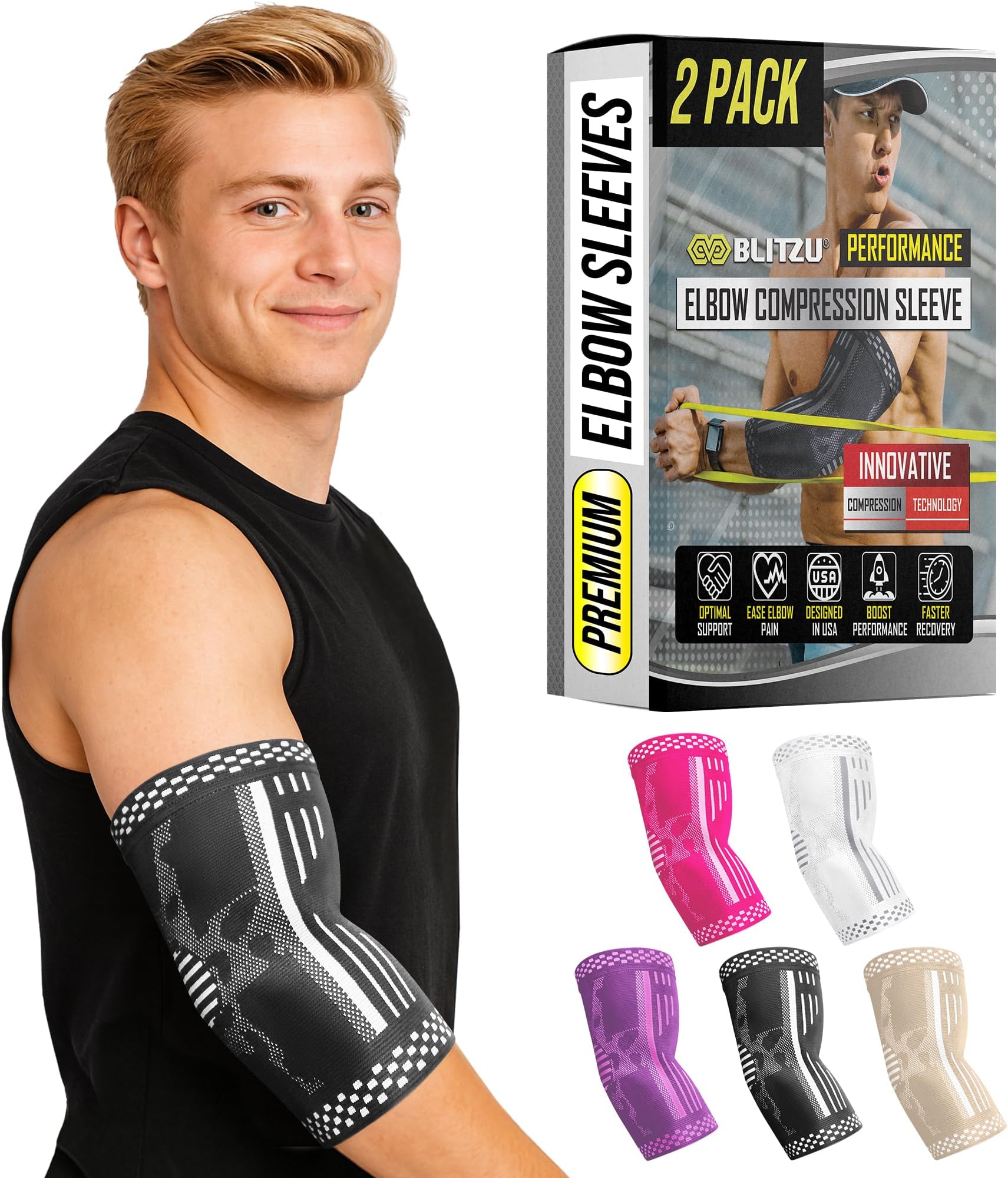 BLITZU Elbow Compression Sleeve for Tendonitis 2 Pack, Tennis Elbow Brace Support for Men and Women Golfers Elbow Pain Relief, Arthritis, Bursitis, Arm Brace for Workout, Weightlifting Black L