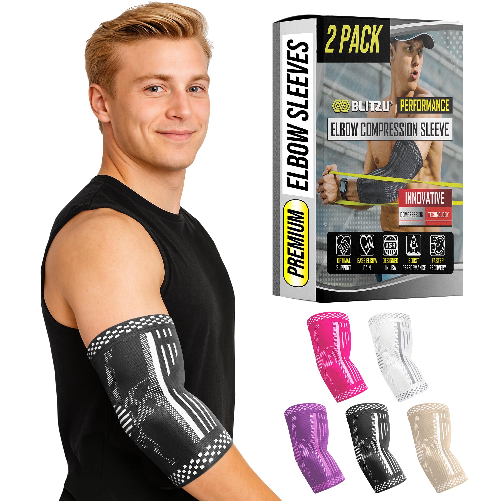 BLITZU Elbow Compression Sleeve for Tendonitis 2 Pack, Tennis Elbow Brace Support for Men and Women Golfers Elbow Pain Relief, Arthritis, Bursitis, Arm Brace for Workout, Weightlifting Black XL