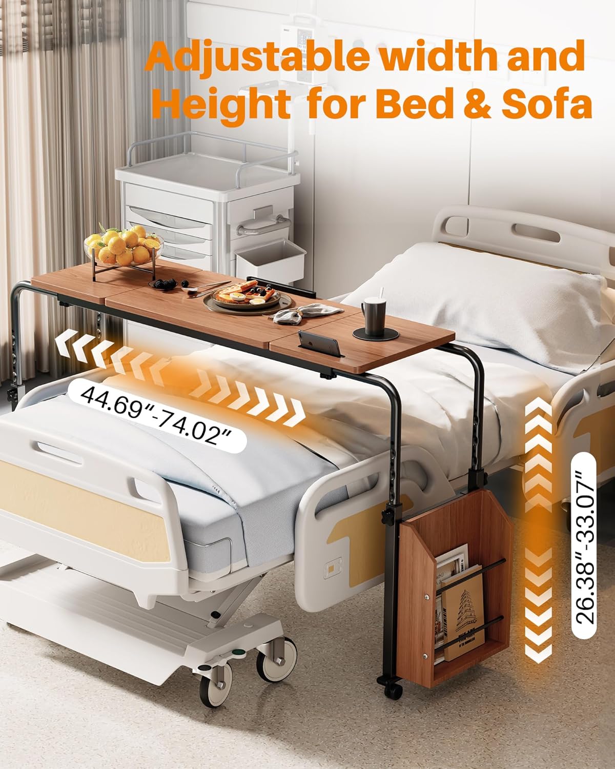 Laptop Desk for Bed,6-Angle Adjustable Overbed Table with Wheels,Adjustable Height and Length Bed Table for Laptop with Side Bookshelf,Standing Desk,Over Bed Desk for Working Hospital Home (Oaken)