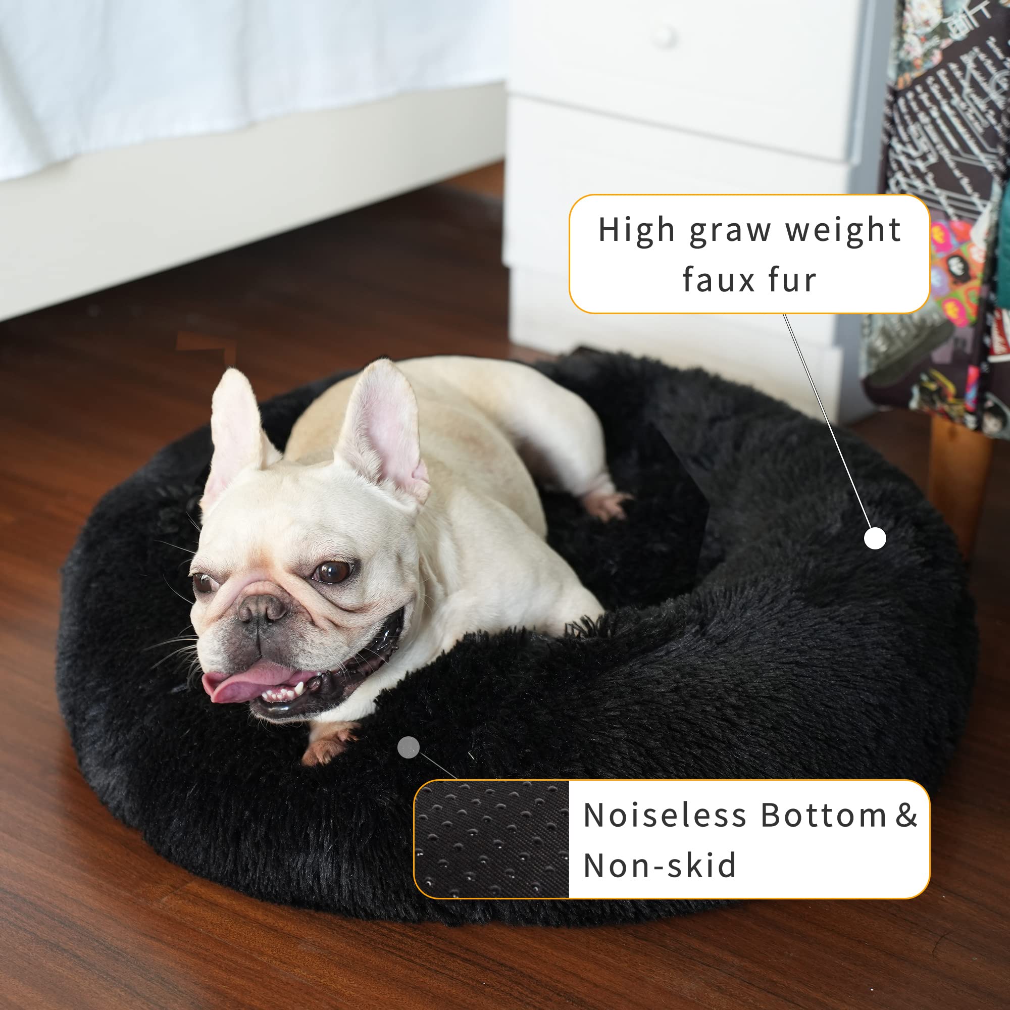 Black Dog Bed for Small Dogs Washble Calming Dog Bed for Small Dogs 23 Inch Fluffy Plush Black Dog Bed Round Donut Machine Washable Small Pet Bed.