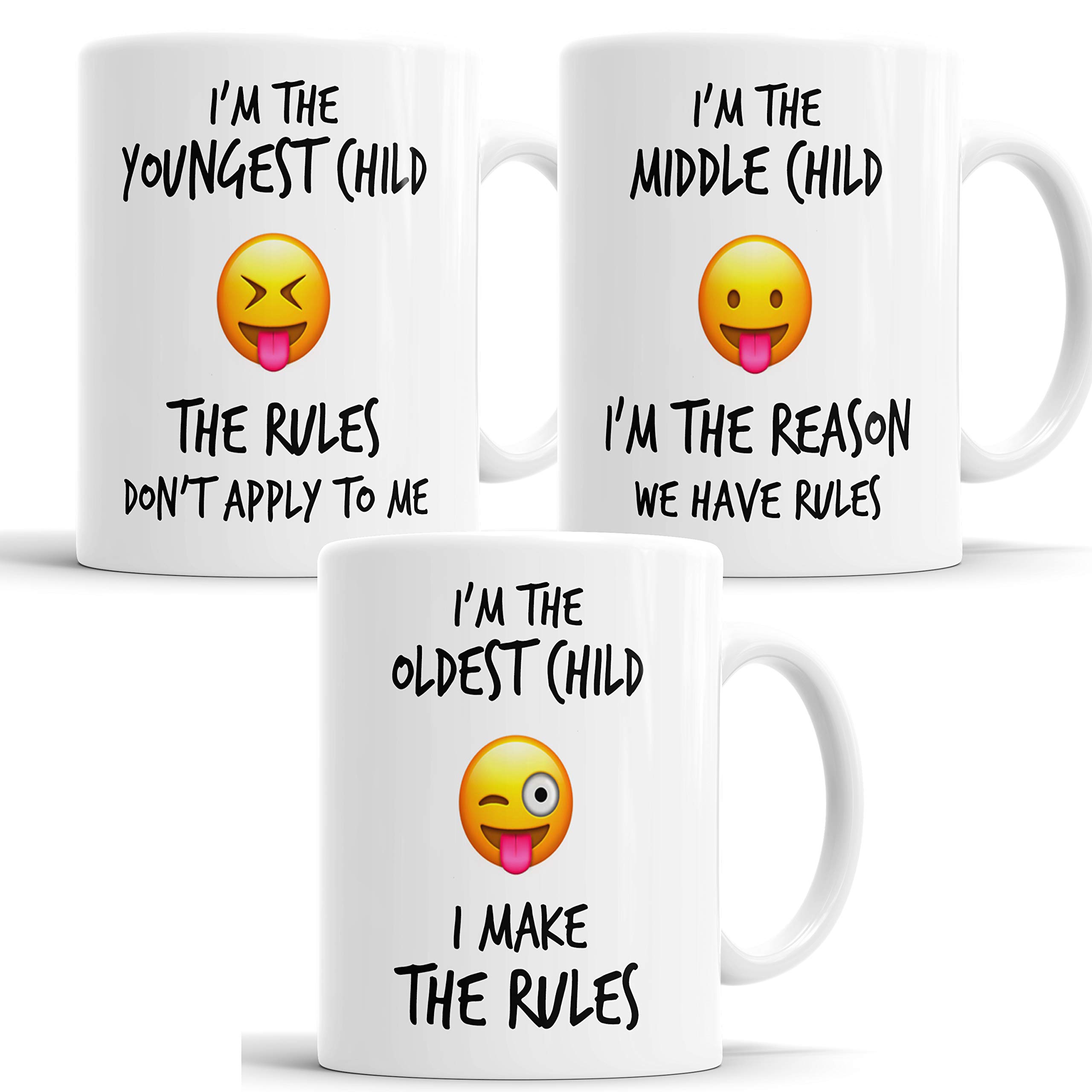 Faithful Prints Youngest Middle Oldest Child Sister Brother Rules Emoji Funny Coffee Mug Tea Cup Gift Set