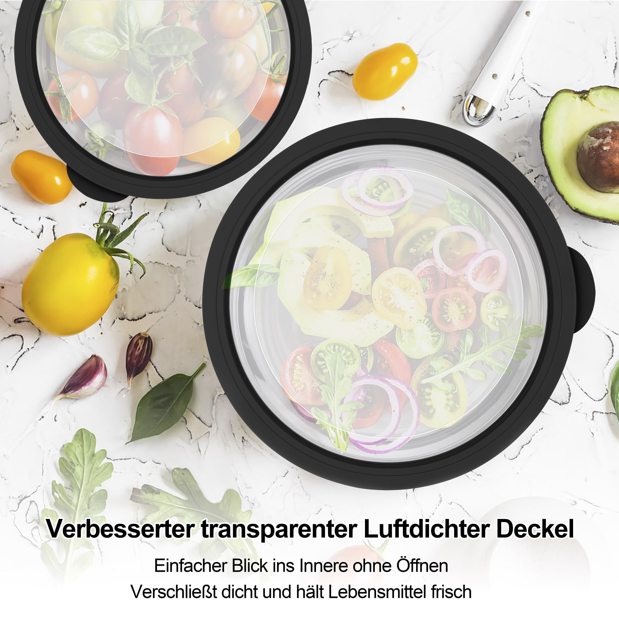 Herogo 5-delige roerschaalset, roestvrijstalen slakom met transparant luchtdichte deksel, schaalset voor bakken en serveren, 4,5 l/2,7 l/1,5 l/1,2 l/0,7 l, stapelbaar, vaatwasmachinebestendig