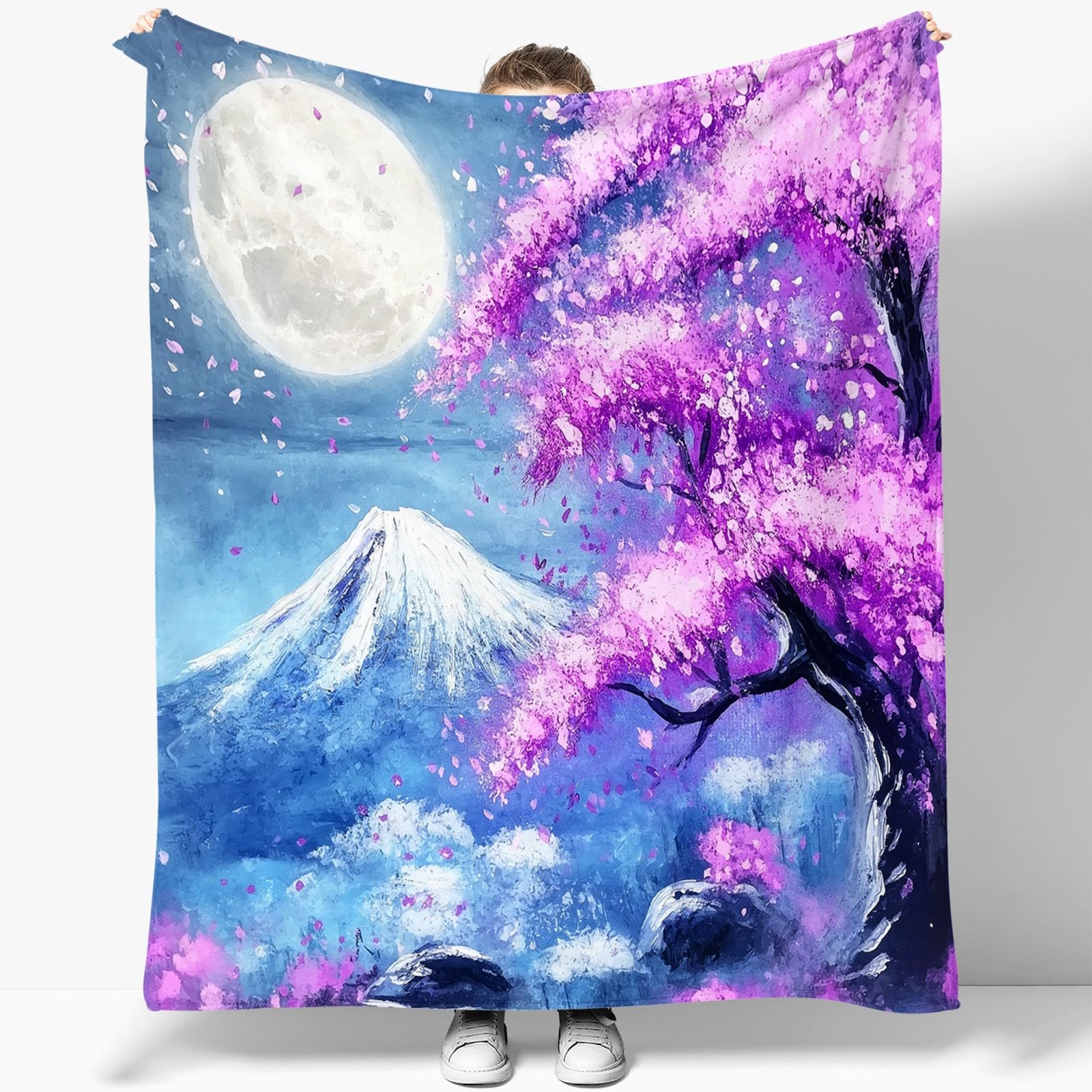 Miękki i lekki koc polarowy, elegancja w kwiaty księżyc, oddychający koc flanelowy, zmywalny, 200 x 200 cm, odpowiedni do sofy w łóżku i na pikniki