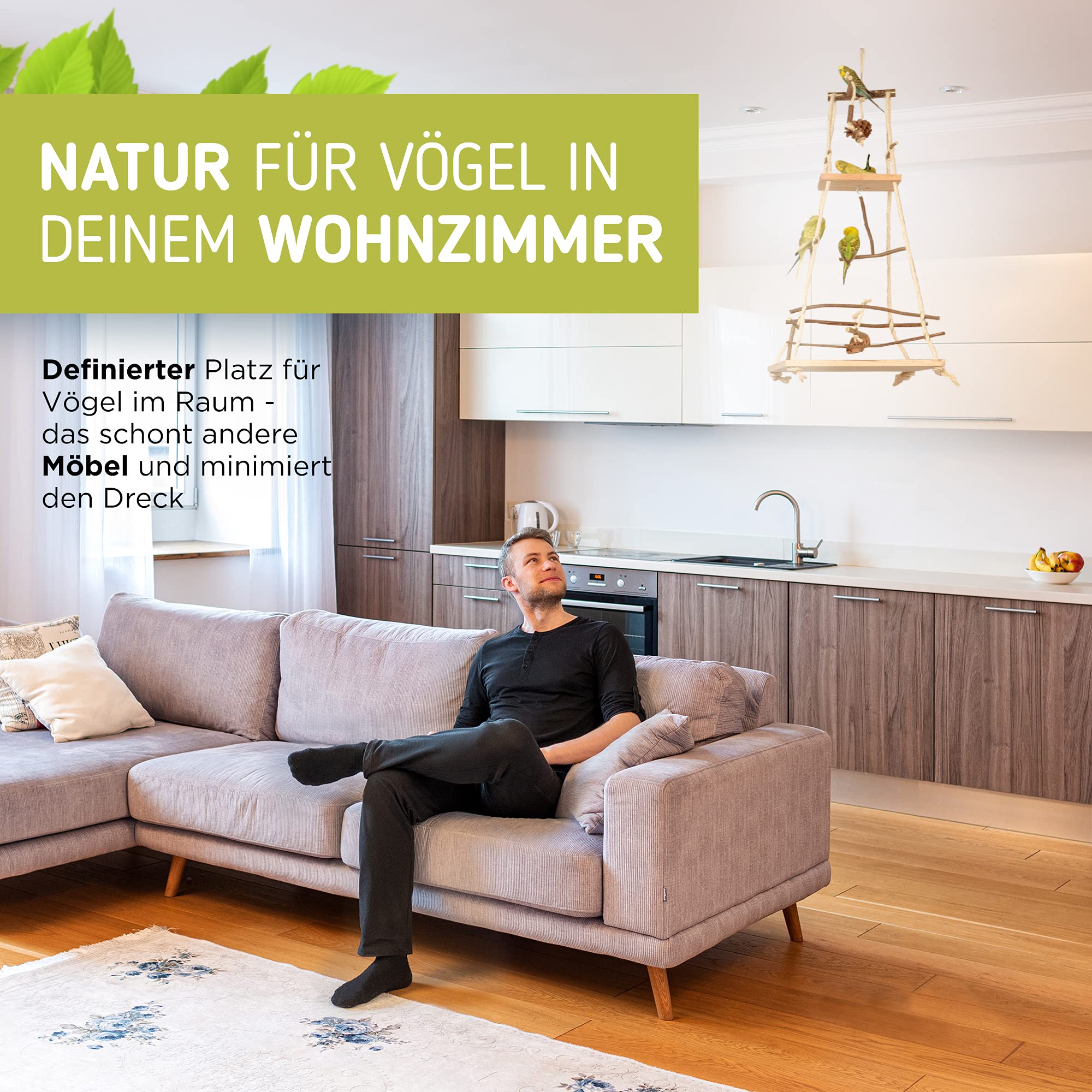 Vogelgaleria® XXL Vogelschaukel Vogelspielplatz hängend | Tolles Vogelspielzeug für Wellensittich, Nymphensittich & Co.