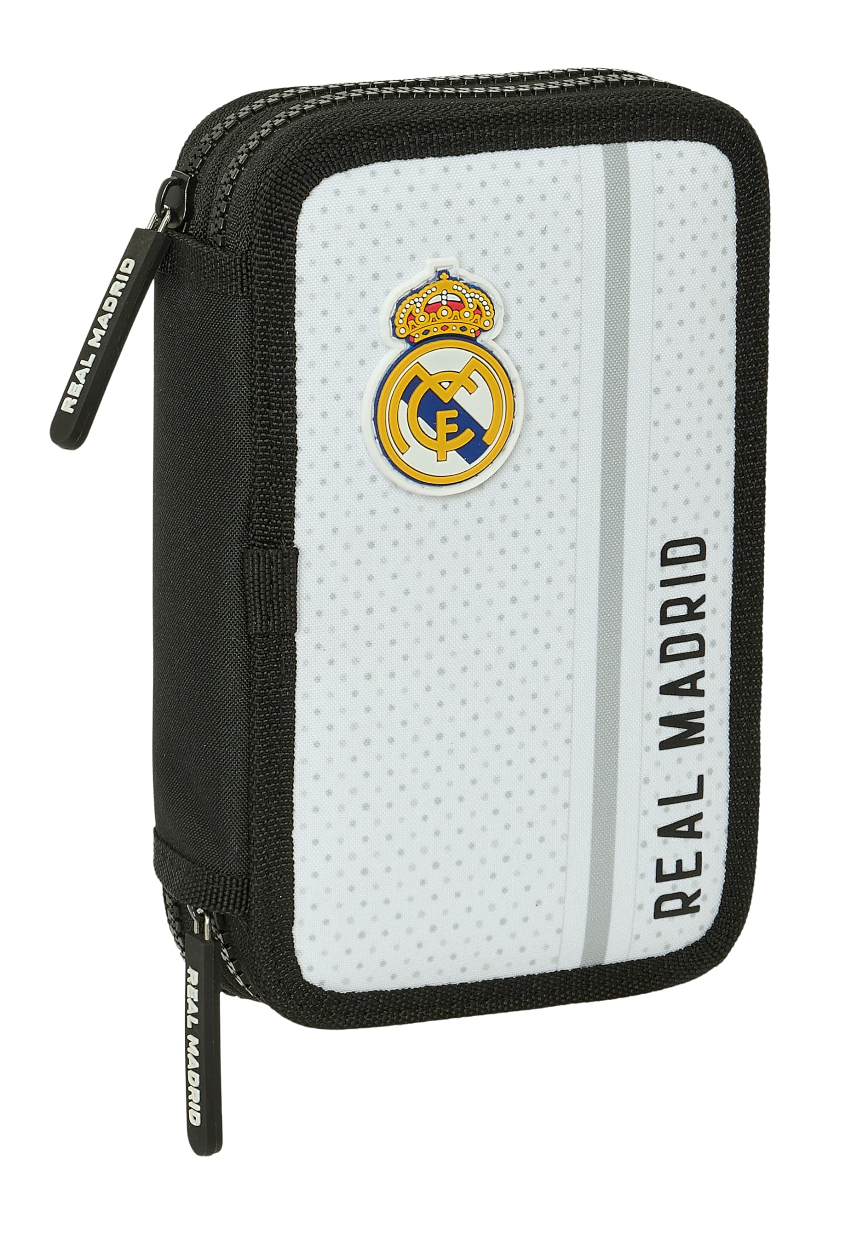 Safta Real Madrid 1ª EQUIPACIÓN 24/25 - Estuche Escolar Niño, Estuche con Colores, con 28 Útiles Incluidos, Ideal para Niños de 5 a 14 Años, Cómodo y Versátil, 12.5x4x19.5 cm, Color Blanco/Gris