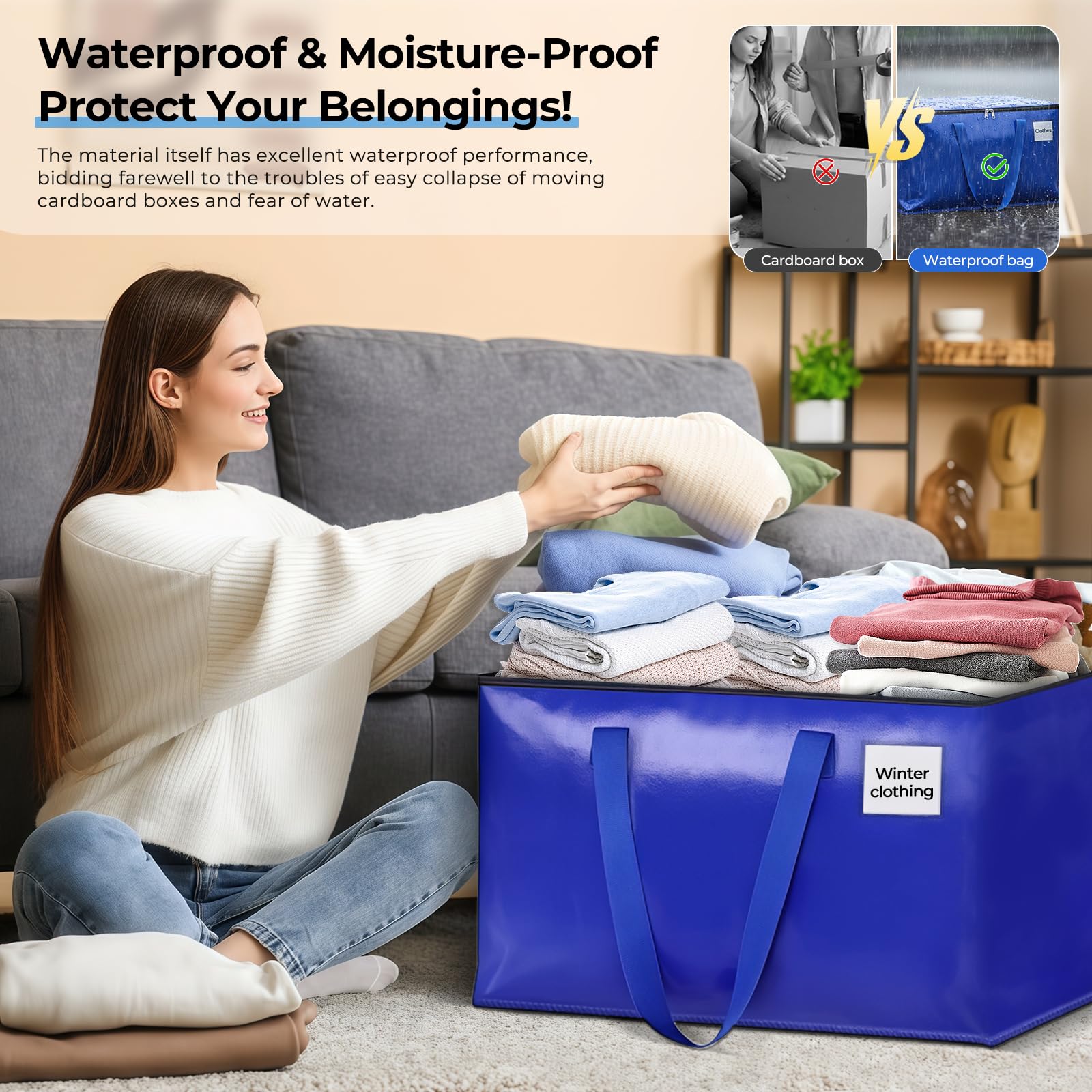 93L sac demenagement, Lot de 6 Imperméable Sacs de Déménagement avec Fermeture éclair et Poignée,Grand Sac de Rangement,Sac Rangement Vetement pour le Vêtement,Couettes et Linge de Lit (Bleu)