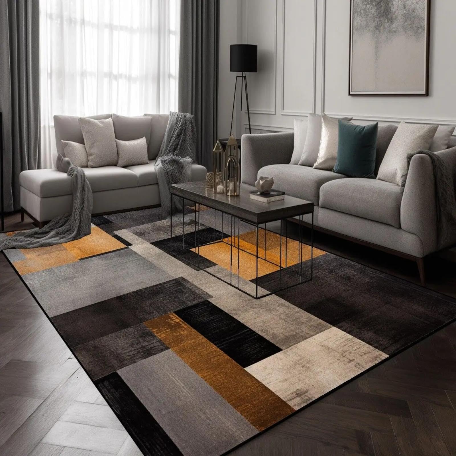 Tapis de salon géométrique moderne lavable 80x120 carreaux décoration canapé