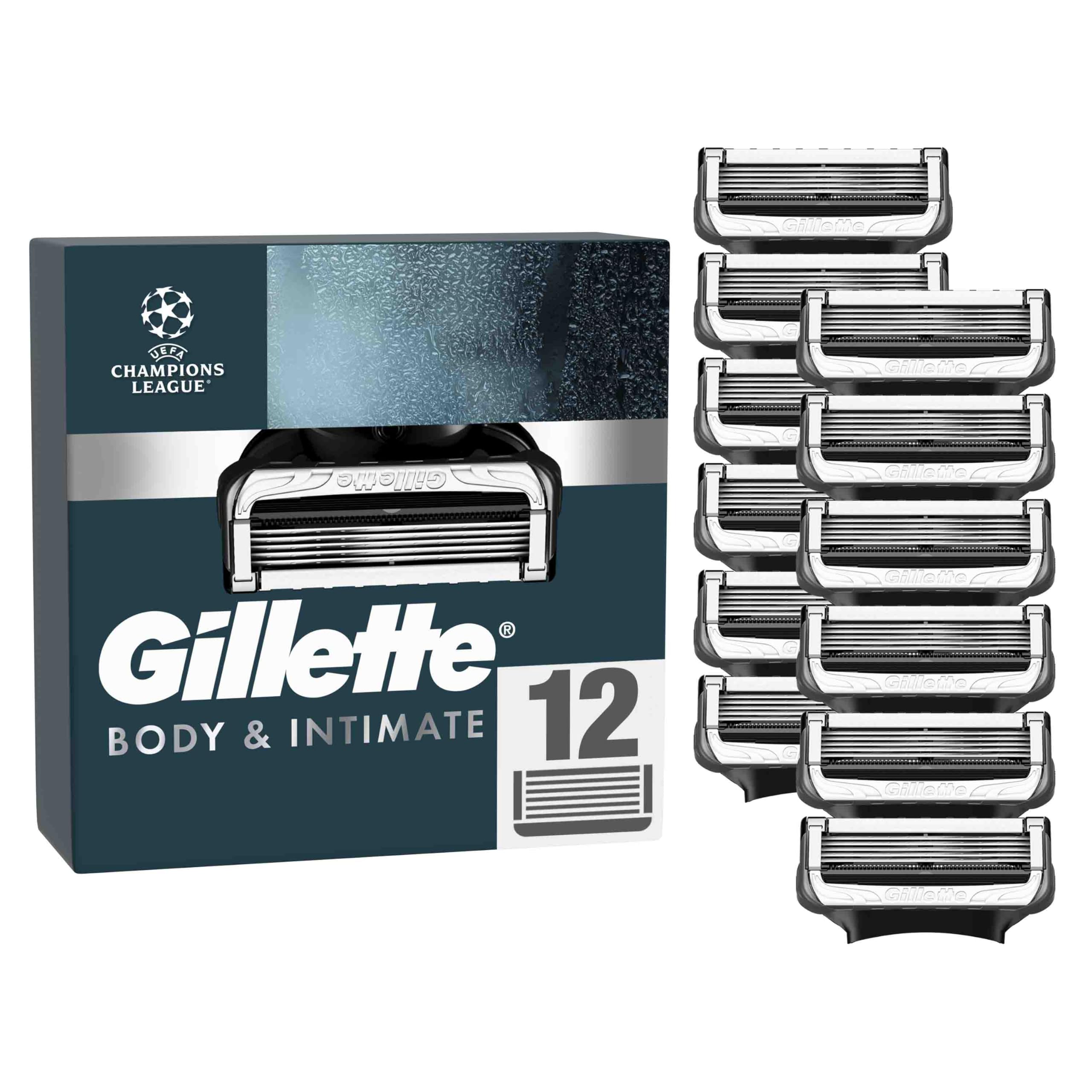 Gillette Body & Intimate Rasierklingen Herren — 12 Original Ersatzklingen für Nassrasierer, Klingen mit Verbesserten Gleitstreifen für Eine Sanfte und Einfache Anwendung — Dermatologisch Getestet