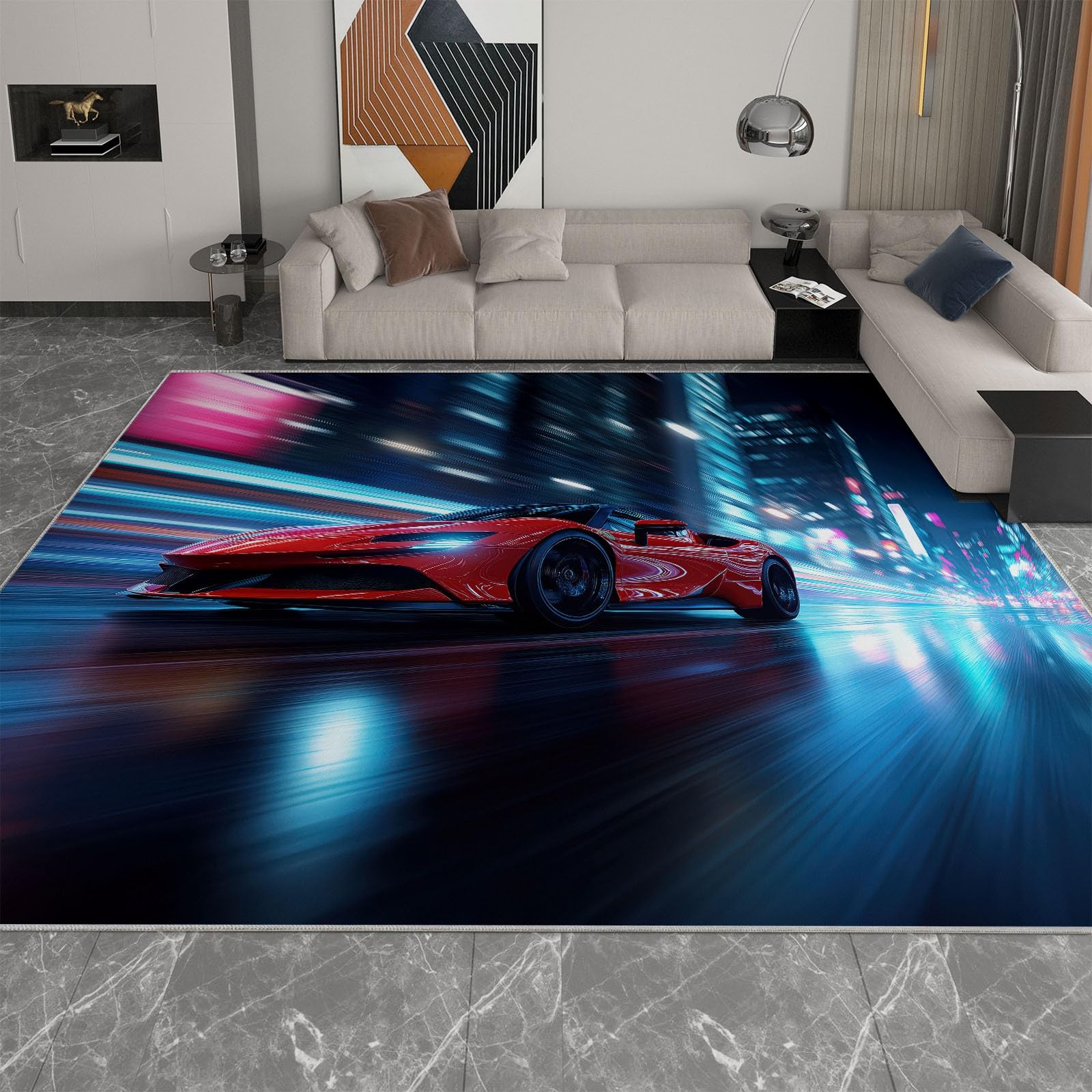 Genérico Dywan do salonu 180 x 240 cm dywaniki do sypialni antypoślizgowe surrealizm samochód sportowy mata podłogowa do sypialni niebieski dekoracyjne dywaniki do salonu
