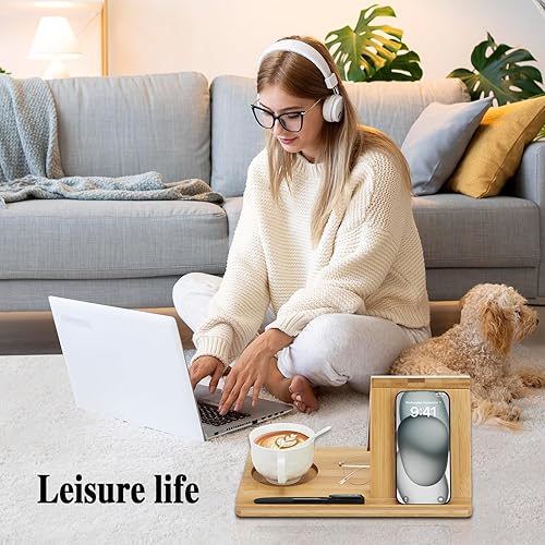 Miniatura 8 de Soporte para libros de bambú, soporte triangular para libros con marco de fotos acrílico, soporte para libros con soporte para tazas, soporte para