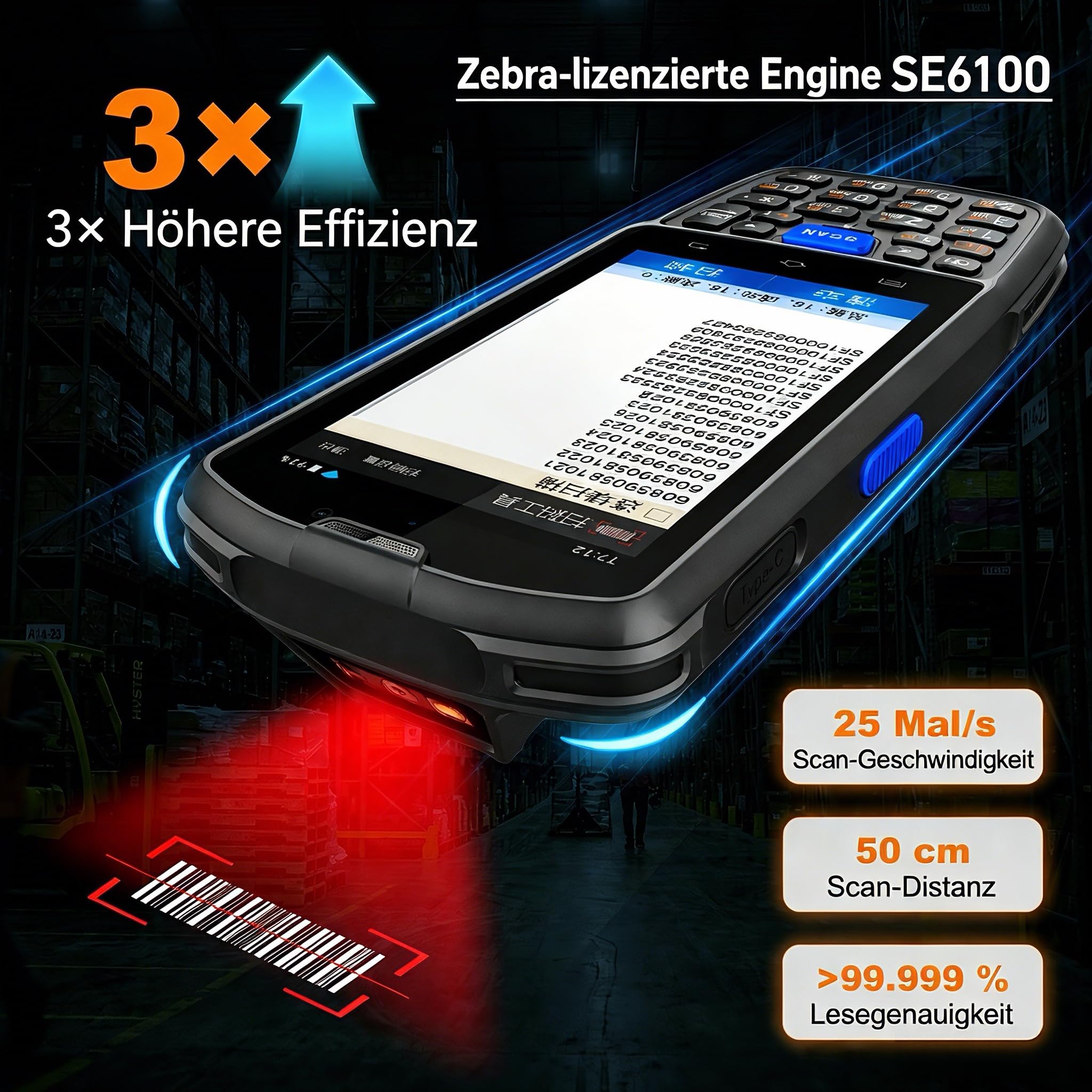 Farset F7-WiFi Android 14 Barcode-Scanner-PDA SE6100 5000 mAh austauschbarer Akku IP67 robust