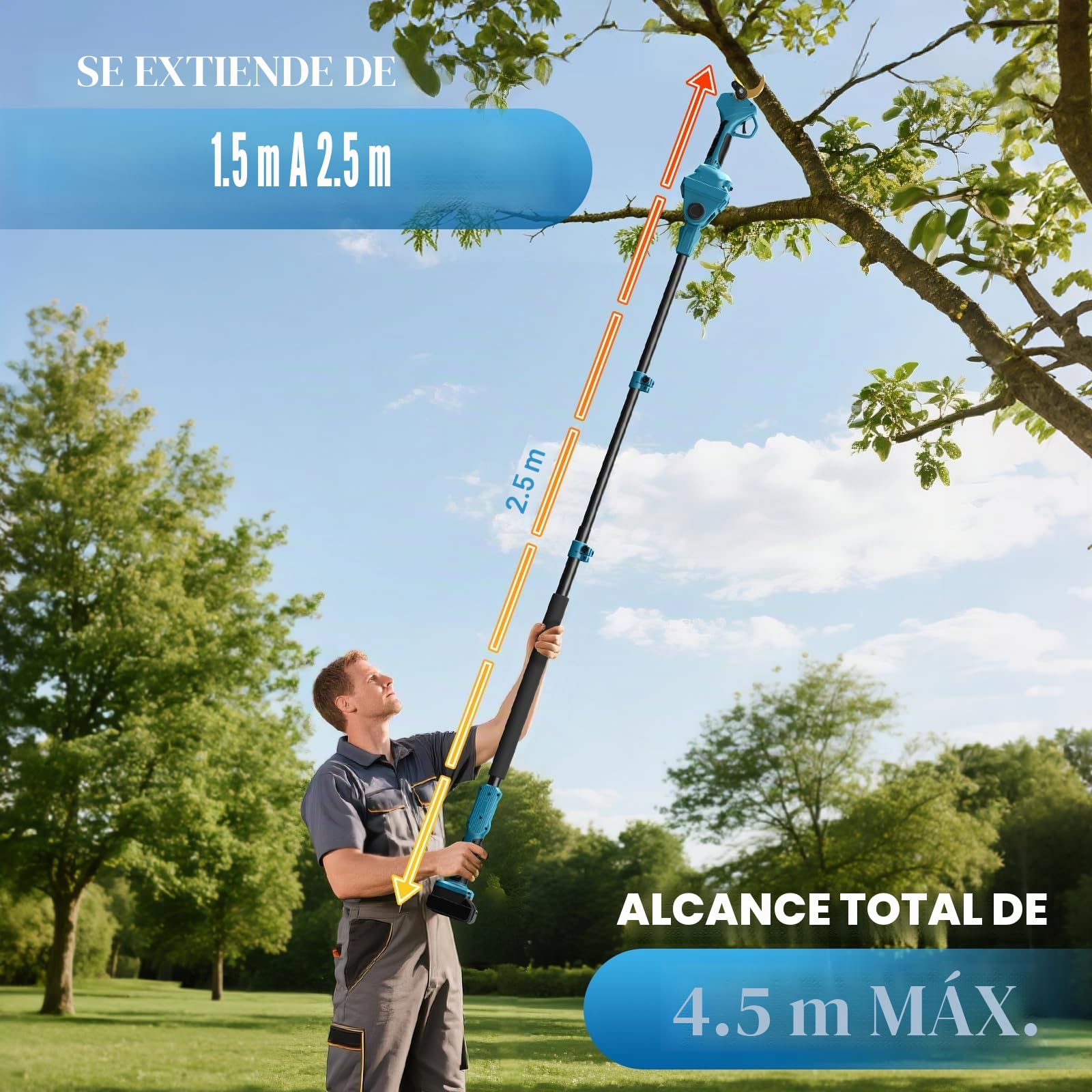 Tijeras de podar eléctricas 2 en 1 con Motor sin escobillas de 40 mm y pértiga de 2,5 m, Apertura máxima de 60 mm, para Makita BL-18V, Pantalla LCD, para podar árboles (sin batería)