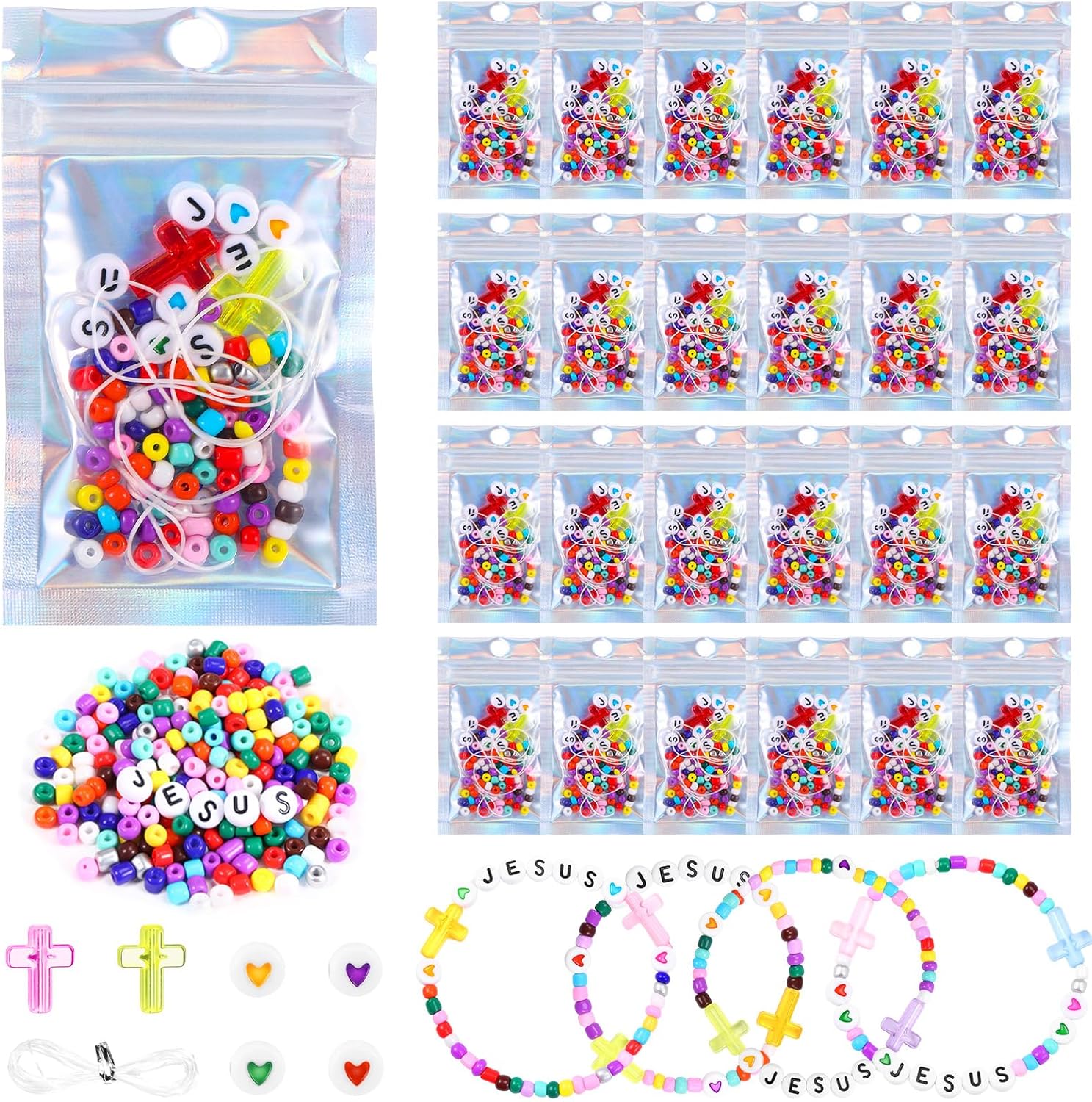 Tondiamo 48 Pack Christian Bead Bracelet Kits with Jesus Letter Beads, Heart Beads & Elastic Strings Religious Jesus Bible Crafts for Church Events, Sunday & Personal Crafting