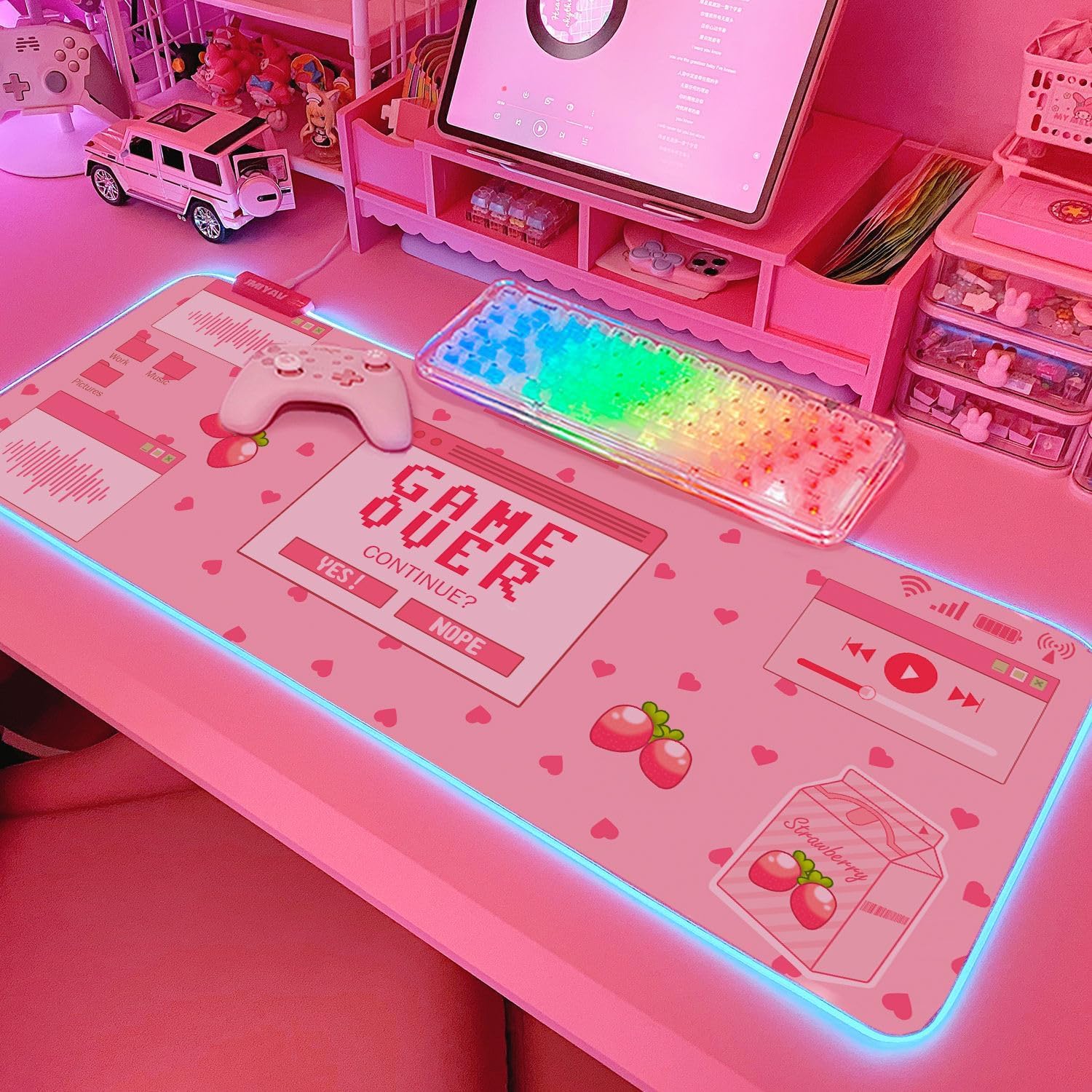 JMIYAV Gaming Over Kawaii RGB, tappetino per mouse per gaming, a LED, grande, antiscivolo, in gomma, XL, rosa, per gaming, tappetino grande, tappetino per mouse rosa, tappetino per gamer, 800 x 300 mm