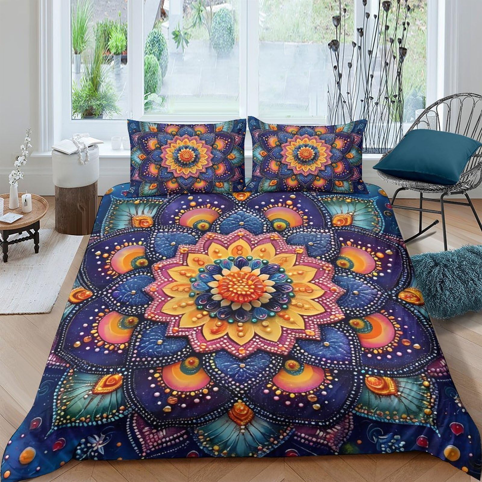 Ctjqhvkz Style-8 3D Printed Mandala Flower Fitted Sheet Microfiber Vibrant Colourful Bohemian Sun Mattress Cover For Bedroom Dorm Decor Single（135X200cm）