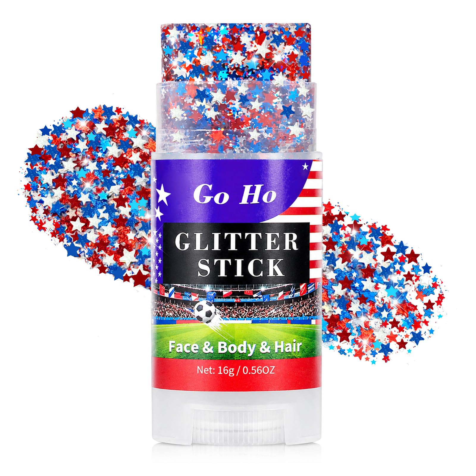 Go Ho Red White and Blue Star Face Glitter Stick