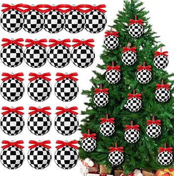 Meooeck 36 Pcs Black and White Christmas Ball Ornaments with Red Bows 2.36 Plastic Glittered Checkered Ball Ornament Buffalo Plaid Decorative Hanging Ornaments for Xmas Tree Party Decor