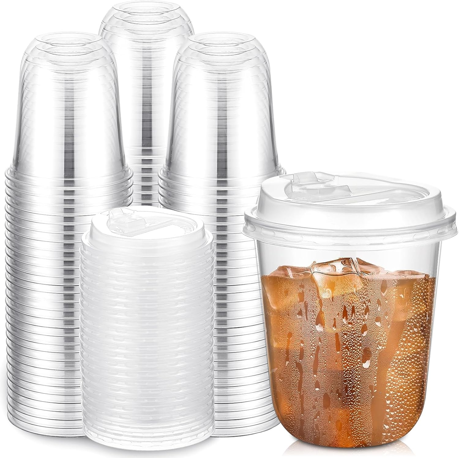 Baderke 100 Sets 12oz Disposable Crystal Clear Plastic Cups With Lids, Round Bottom Iced Coffee Cups With Lid for Smoothie, Cold Beverages, Drinking Tumblers, Cold Drinks for Party, Wedding, Event