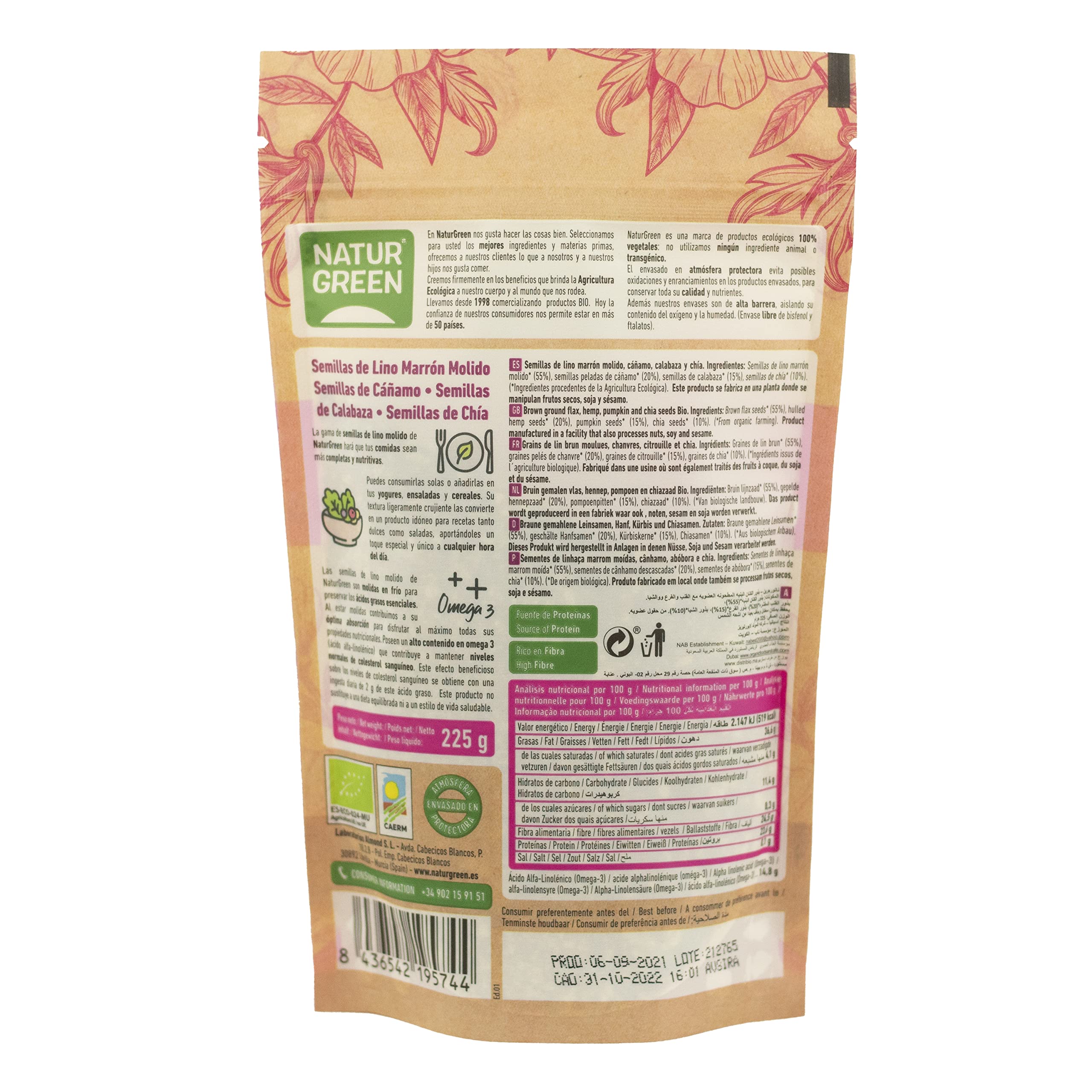 NaturGreen Semillas de Lino Cáñamo Calabaza y Chía Molidas en Frío Omega 3 Ecológico 225 g