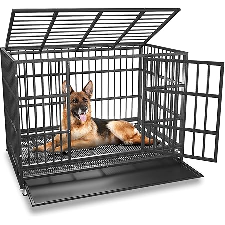 BOLDBONE 48/42/38 inch Heavy Duty Indestructible and Escape-Proof Dog Crate Cage Kennel for Large Dogs, High Anxiety Dog Crate with Removable Crate Trays, Wheels and Double Door, Extra Large XL XXL