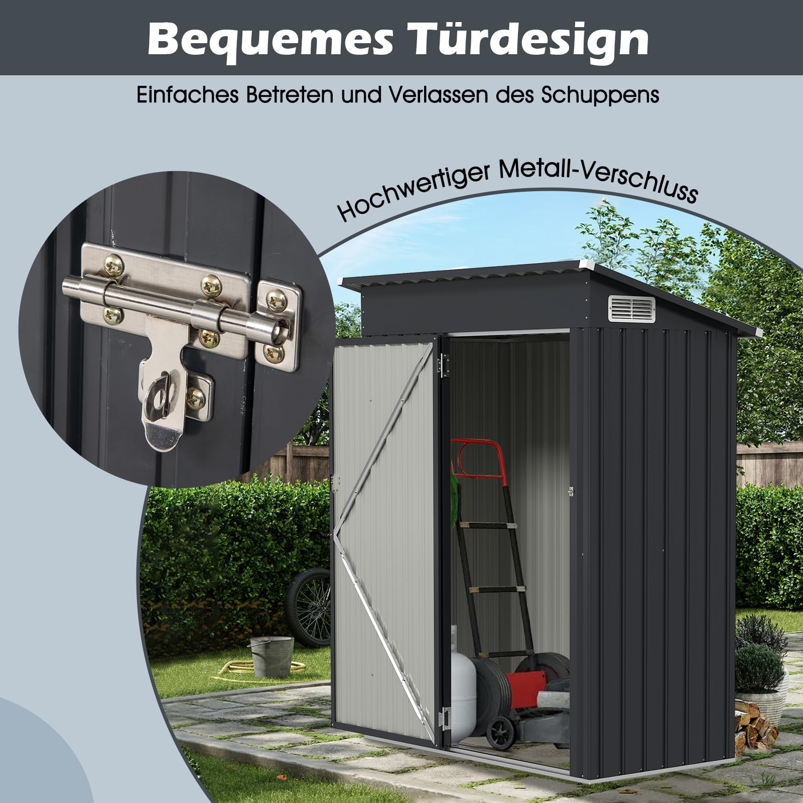 COSTWAY Gartenhaus Metall, Gerätehaus mit Pultdach & Tür (Dunkelgrau) | Geräteschuppen abschließbar, Gartenhütte Gartenschuppen, Garten Schuppen Outdoor, 150 x 90,5 x 185 cm | 1,5 m³