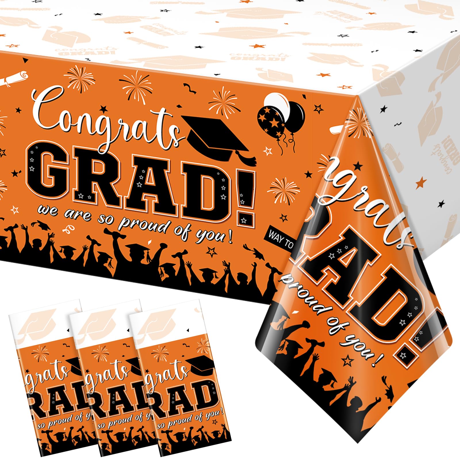 3 Pack Graduation Tablecloth Party Decorations, Class of 2026 Congrats Grad Plastic Tablecover Party Supplies, Orange Rectangle Graduation Table