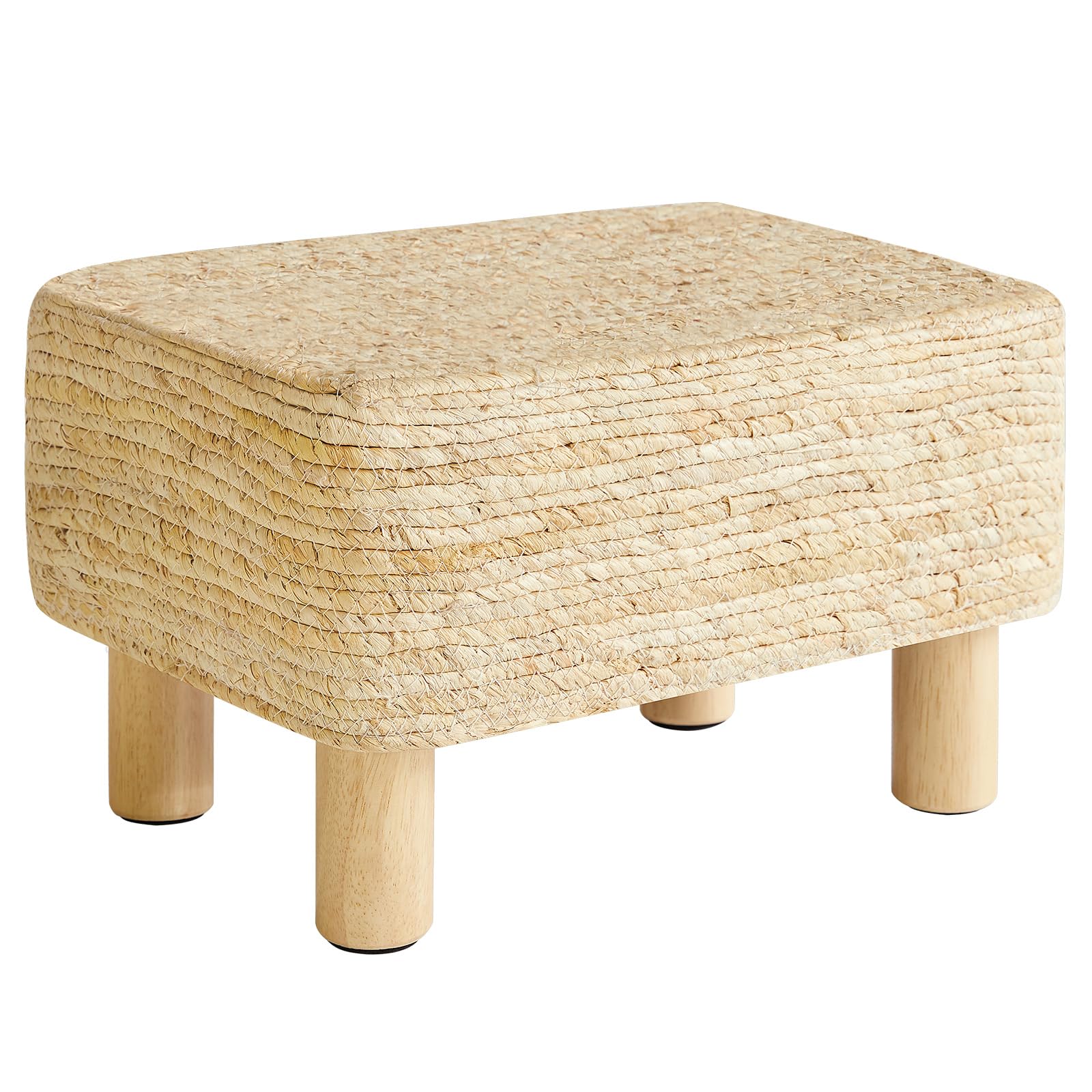 YMYNY Foot Stool Rectangular Footrest Natural Seagrass Hand Weave Pouf Ottoman with Wooden Legs, Multifunctional Modern Dressing Stool, Sofa Side